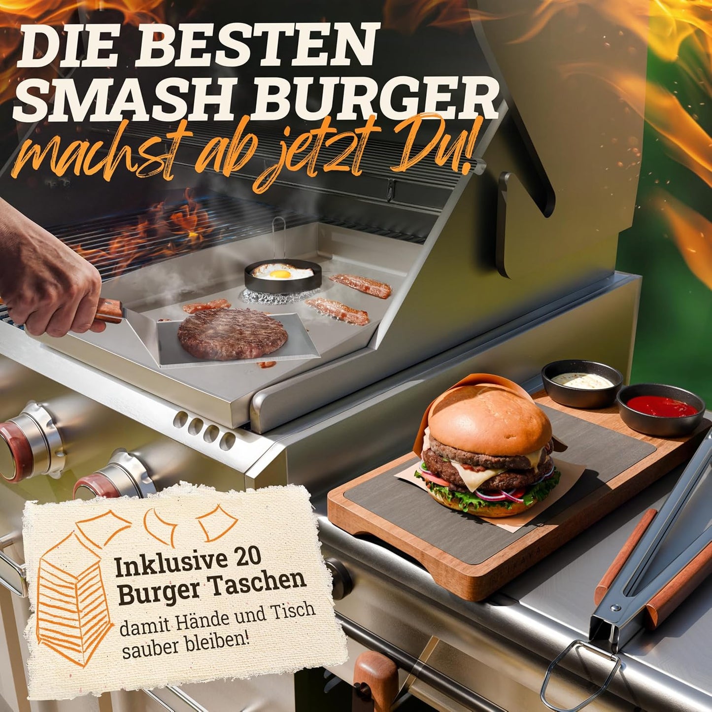Grillplatte & Burger-Smasher-Set, Bundel: Plancha-set & Burger Smasher-set 30x40cm