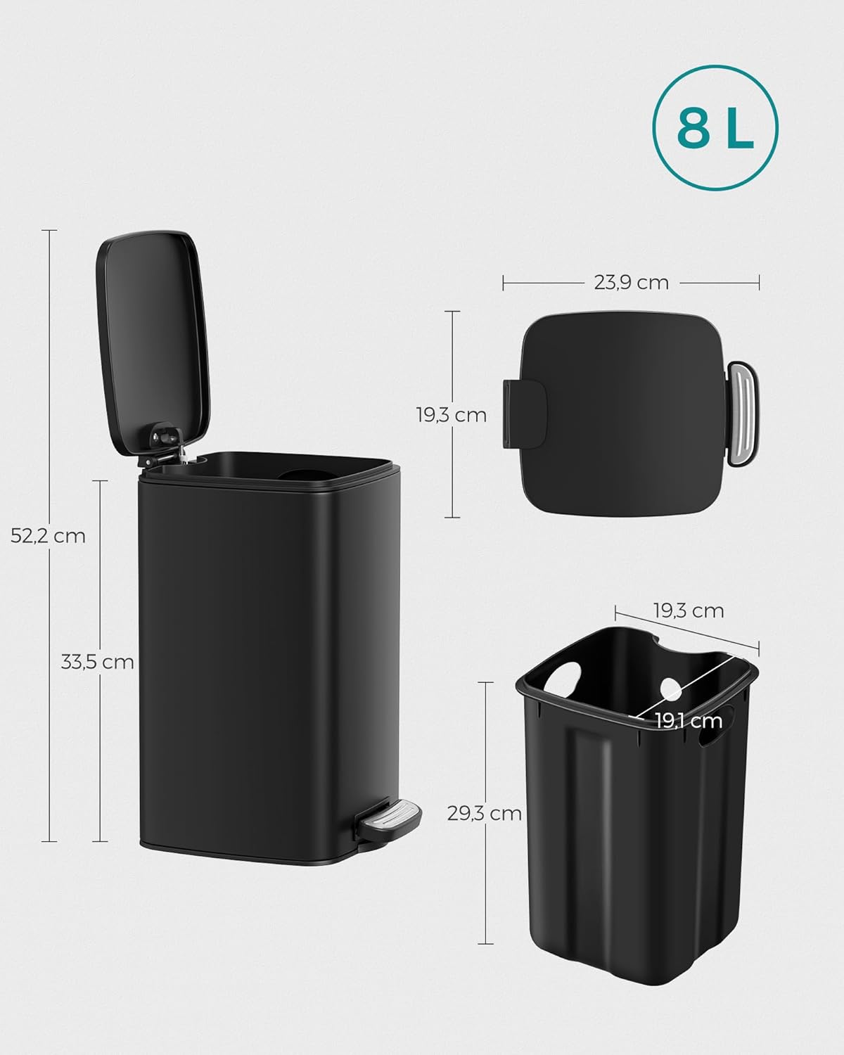 Kosmetikeimer mit Softclose, Schwarz 8 L