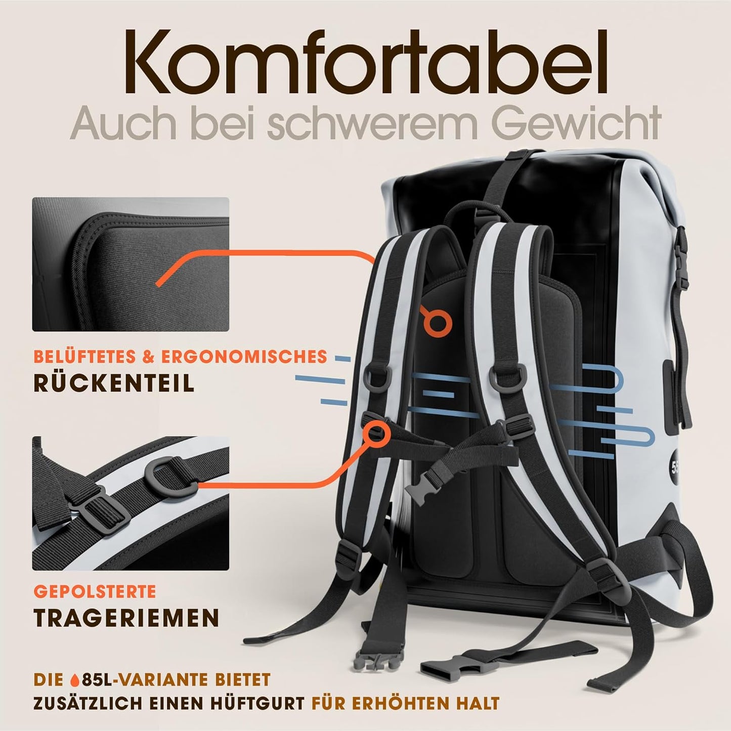 Wasserdichter Rucksack mit Rollverschluss und Handyhülle, 85L Grau