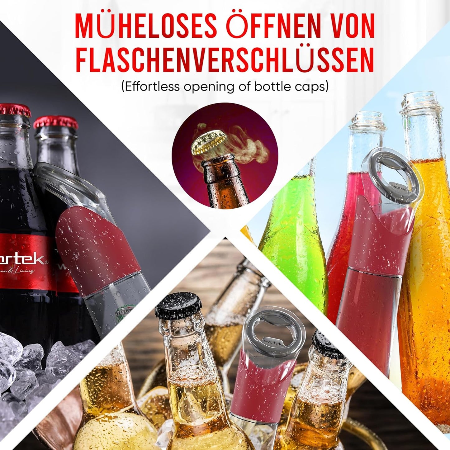 Flaschenöffner mit Auffangbehälter für Kronkorken, Rot