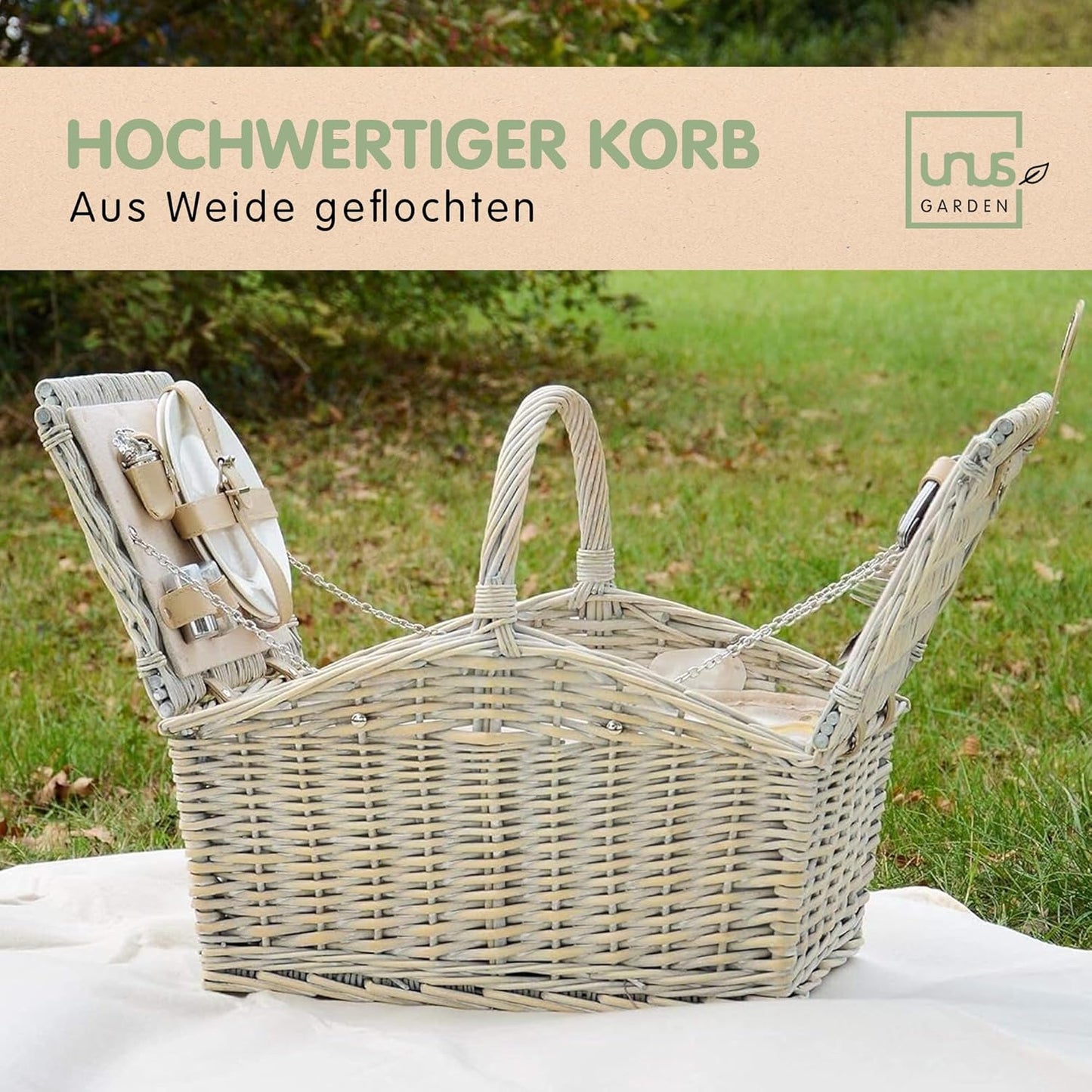 Picknick Set mit Kühltasche und Decke für 2 Personen, Grau / Weiss / Blau