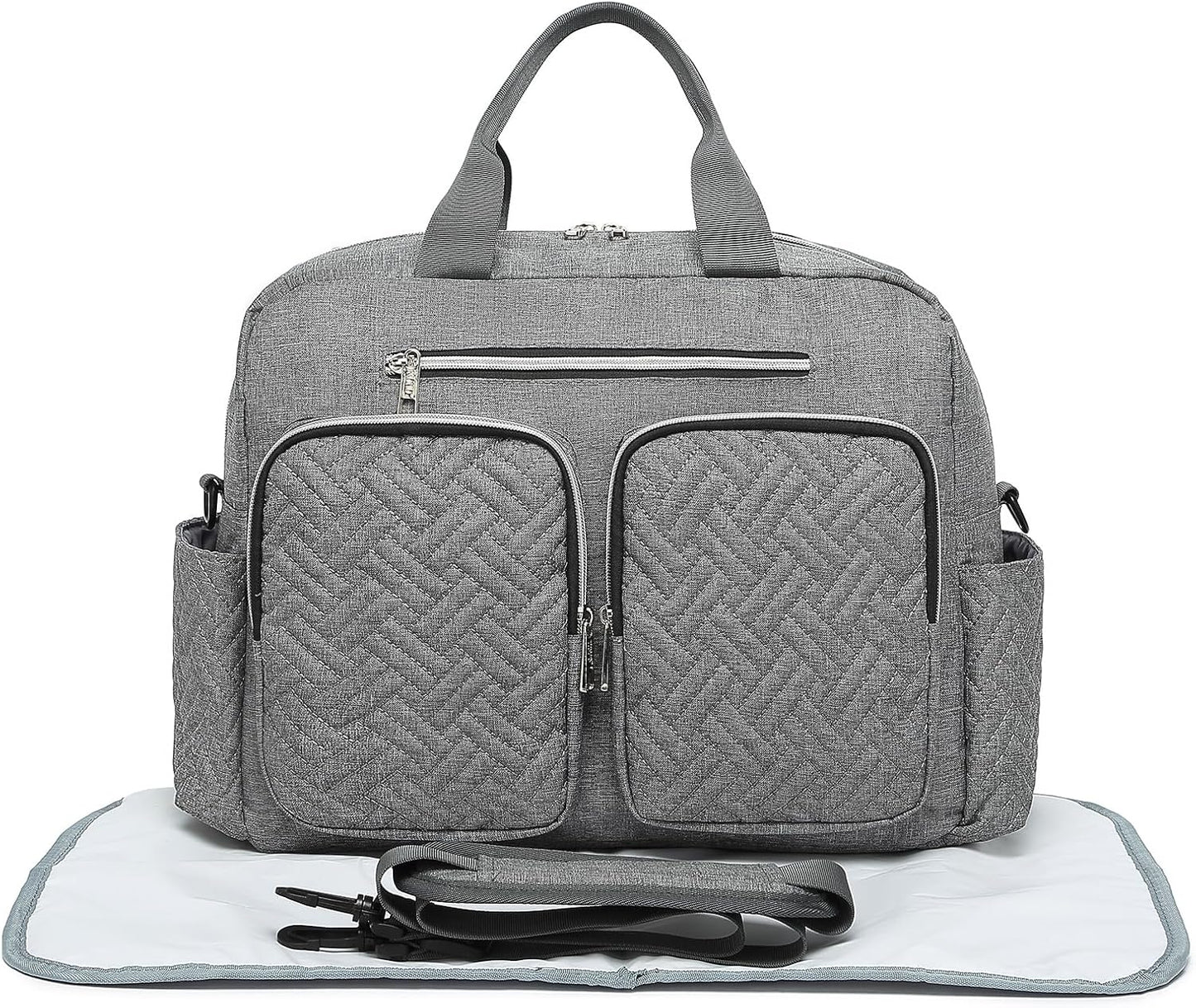 Baby-Wickeltasche mit Wickelauflage und isolierten Taschen, Große Tasche mit Wickelauflage Grau