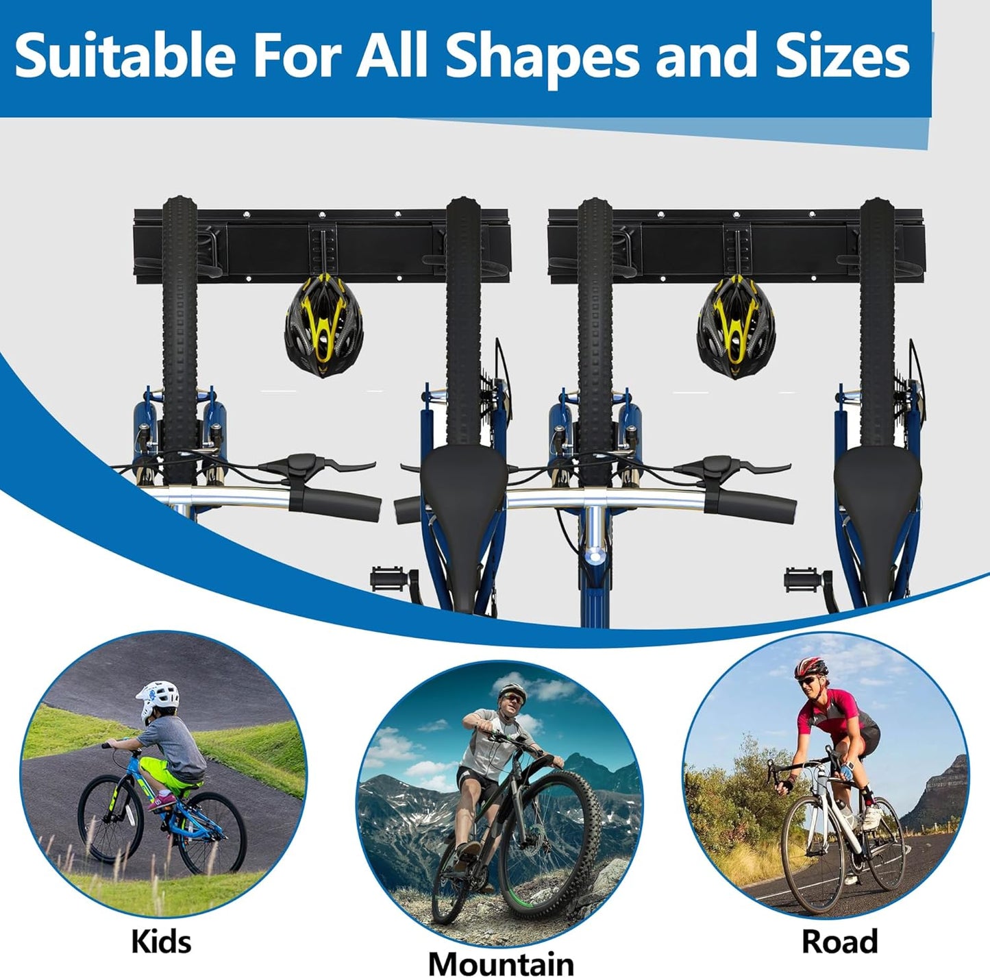 Fahrrad-Wandhalterung für 4 Räder + Helme, 4 Fahrräde -20Zoll - 2 Schienen+3 Helmhaken