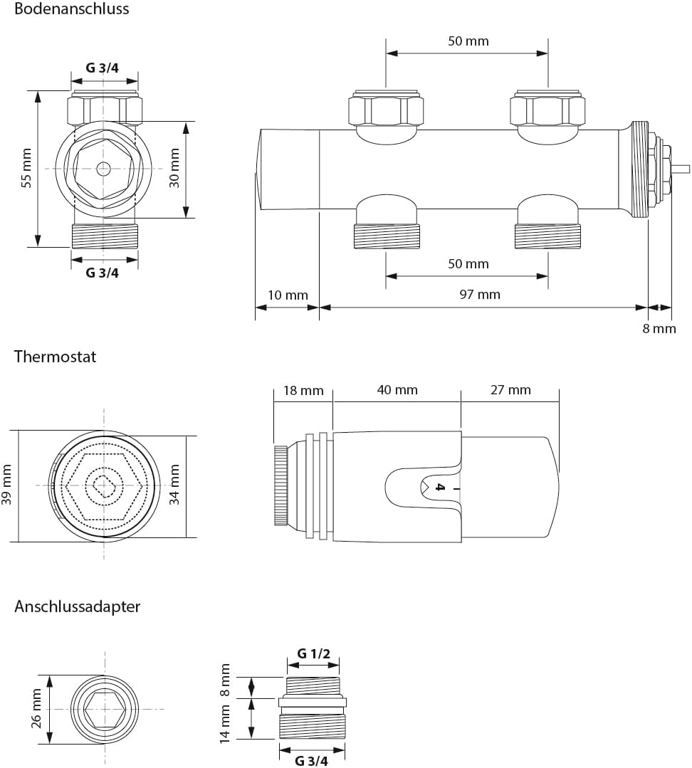 Handtuchheizkörper mit Mittelanschluss und Thermostat, 300x1400 mm gerade mit Durchgangs-Ventil Chrom