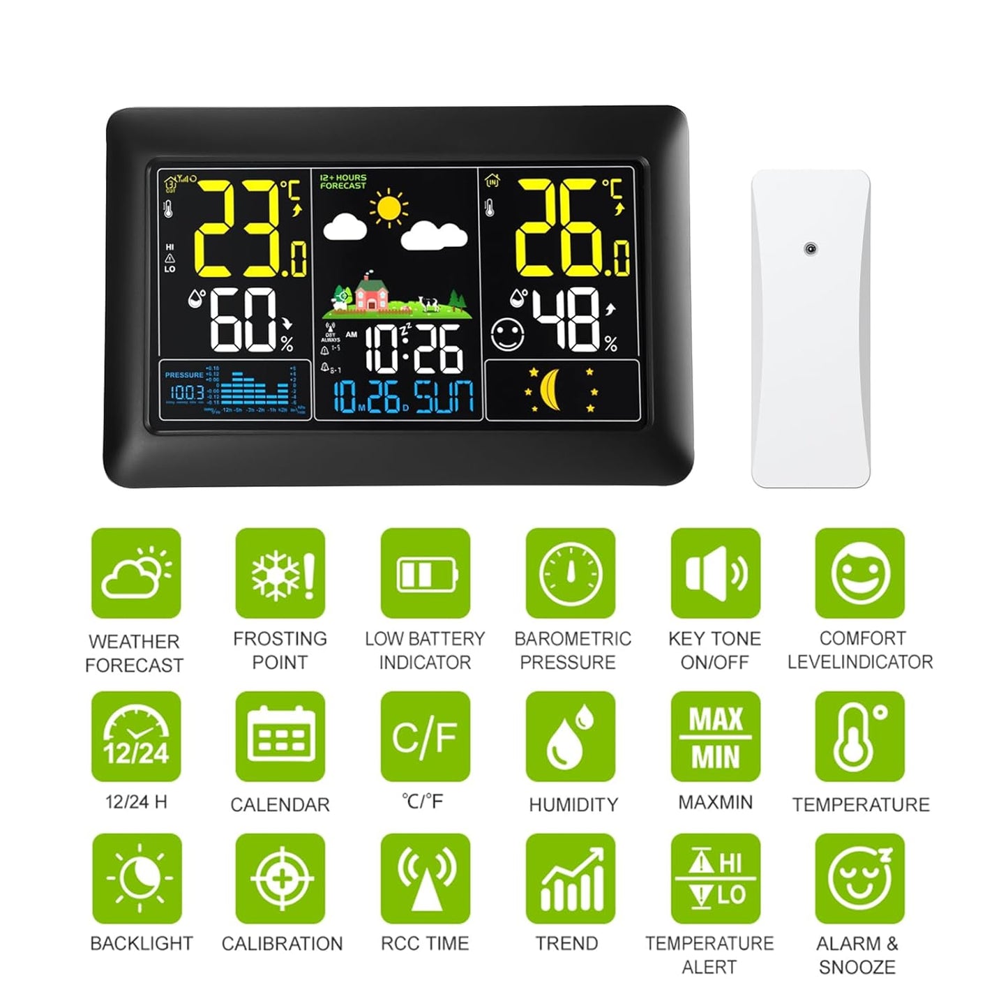 Funk-Wetterstation mit Aussensensor und Farbdisplay, Schwarz
