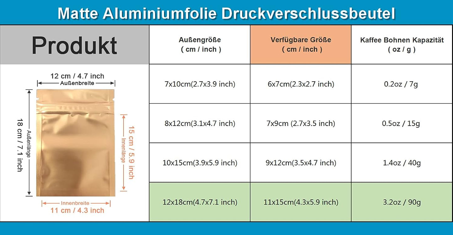 100 Stück Aluminiumfolie Verpackung, Matt Gold 12x18cm (4.7x7.1 inch)