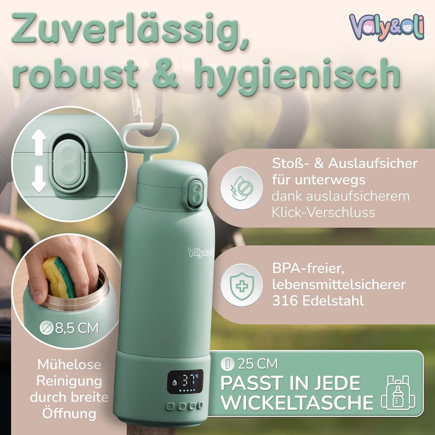 Tragbarer Babyflaschenwärmer mit Akku, Salbei-Grün