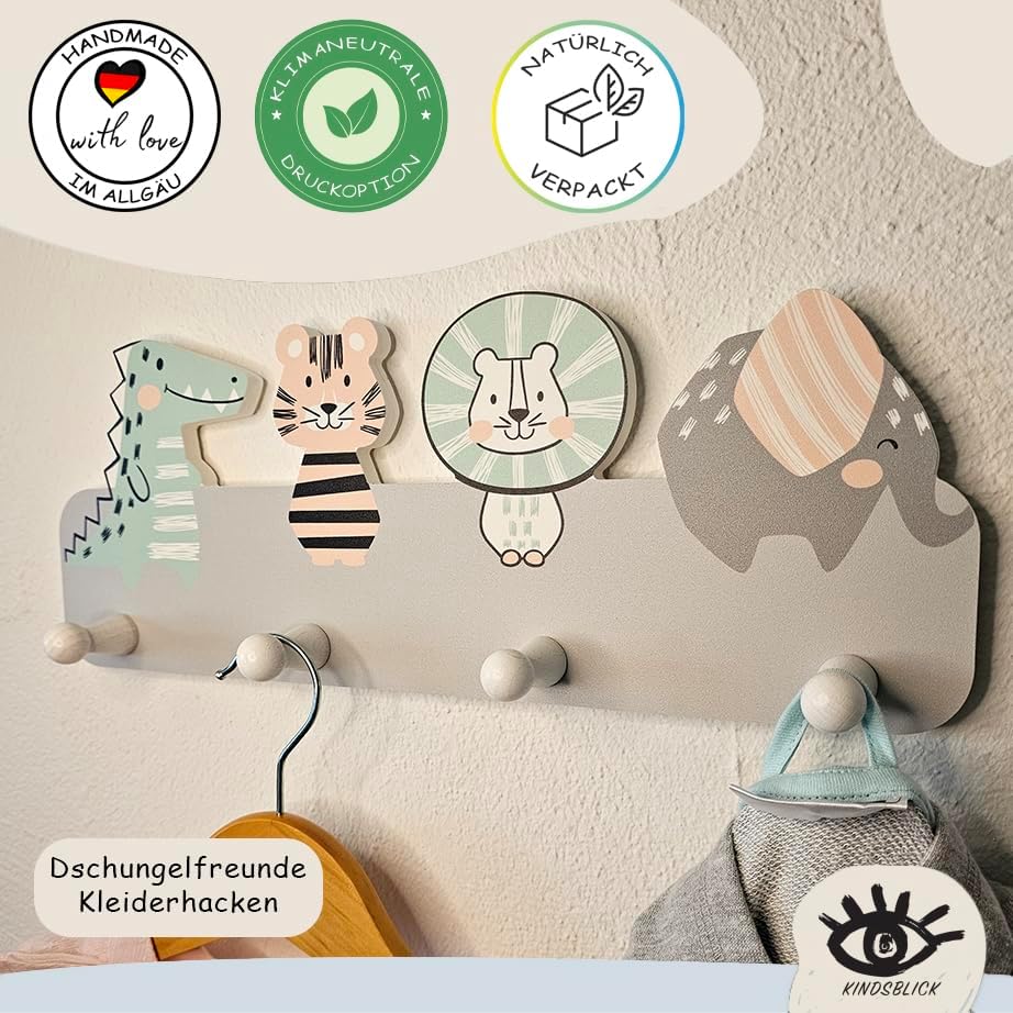 Kindergarderobe mit 4 Haken und A4 Poster, Junglefreunde Grau