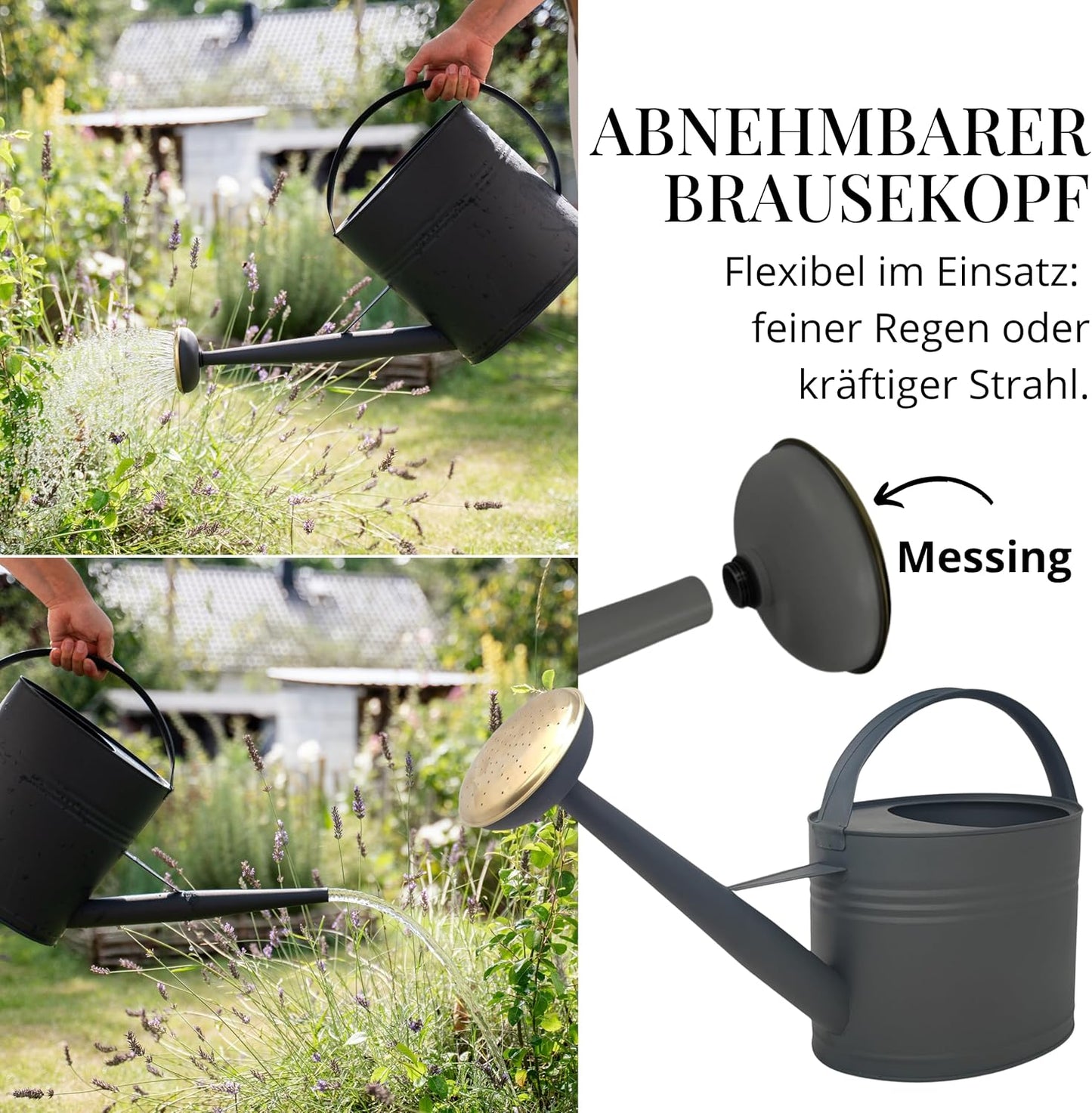 Metall-Giesskanne 5L mit abnehmbarer Brause, Anthrazit