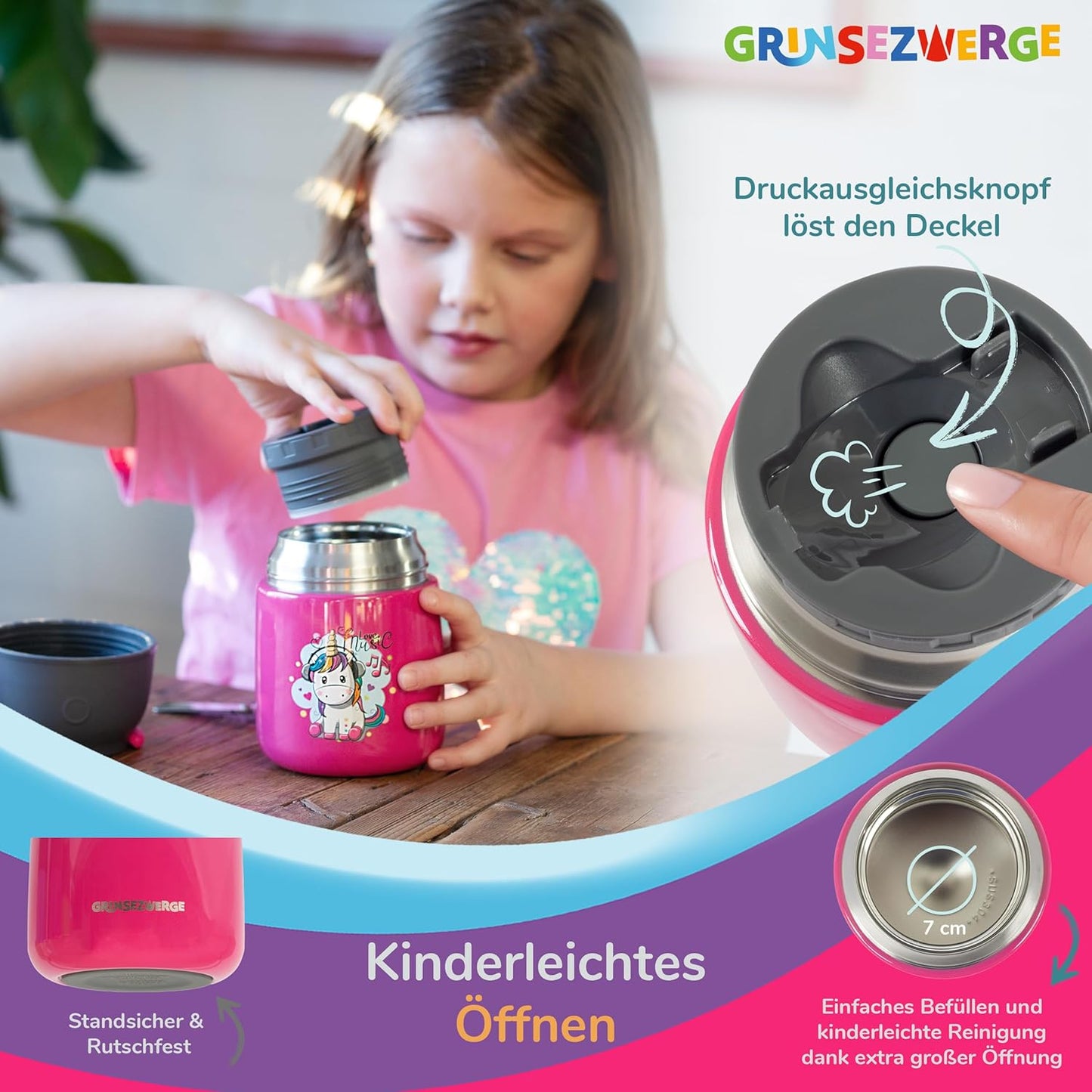 Thermobecher für Speisen und Getränke, 500ml, Emma Einhorn (Pink)