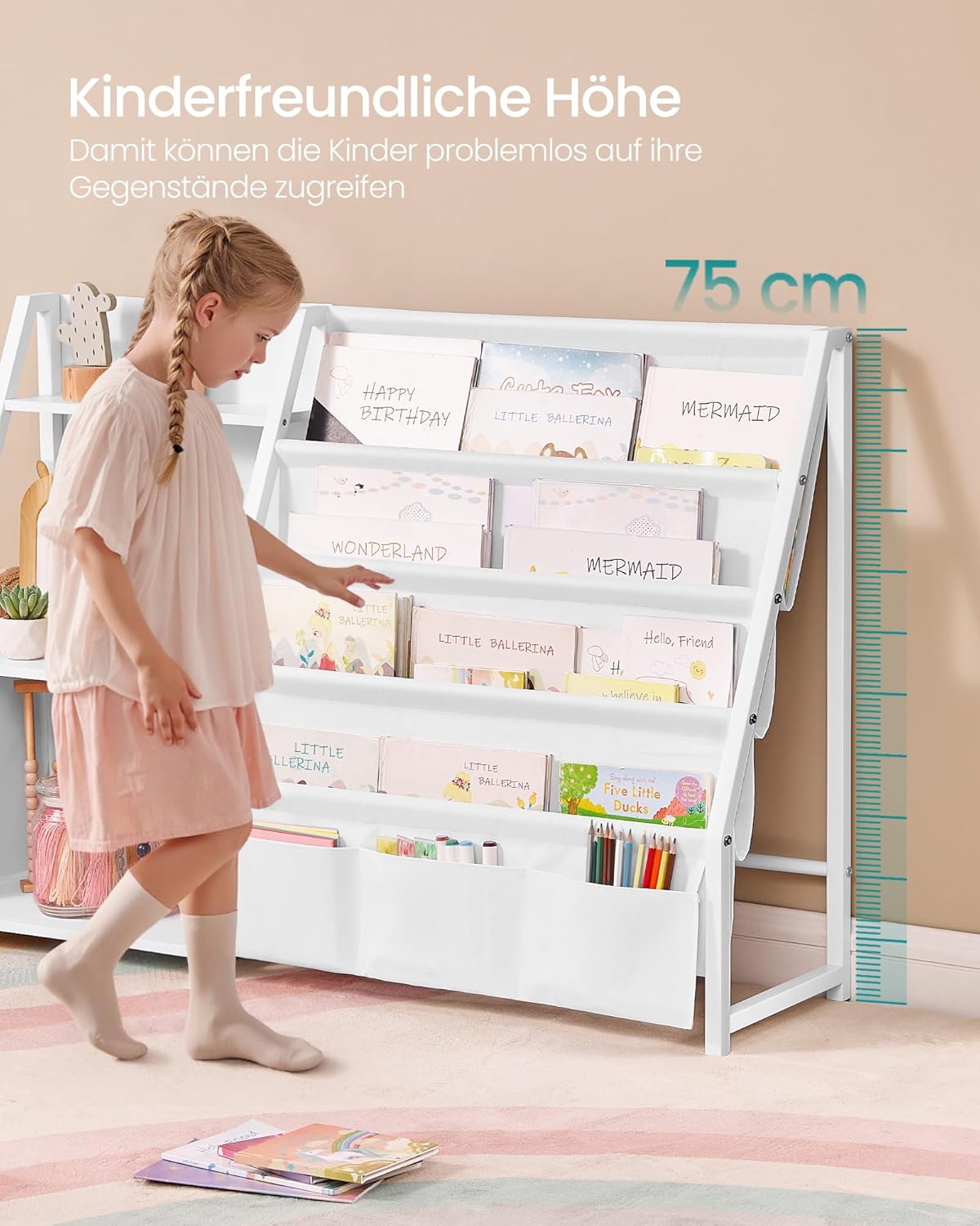 Bücher- und Spielzeugregal mit Seitentasche, 75 cm hoch