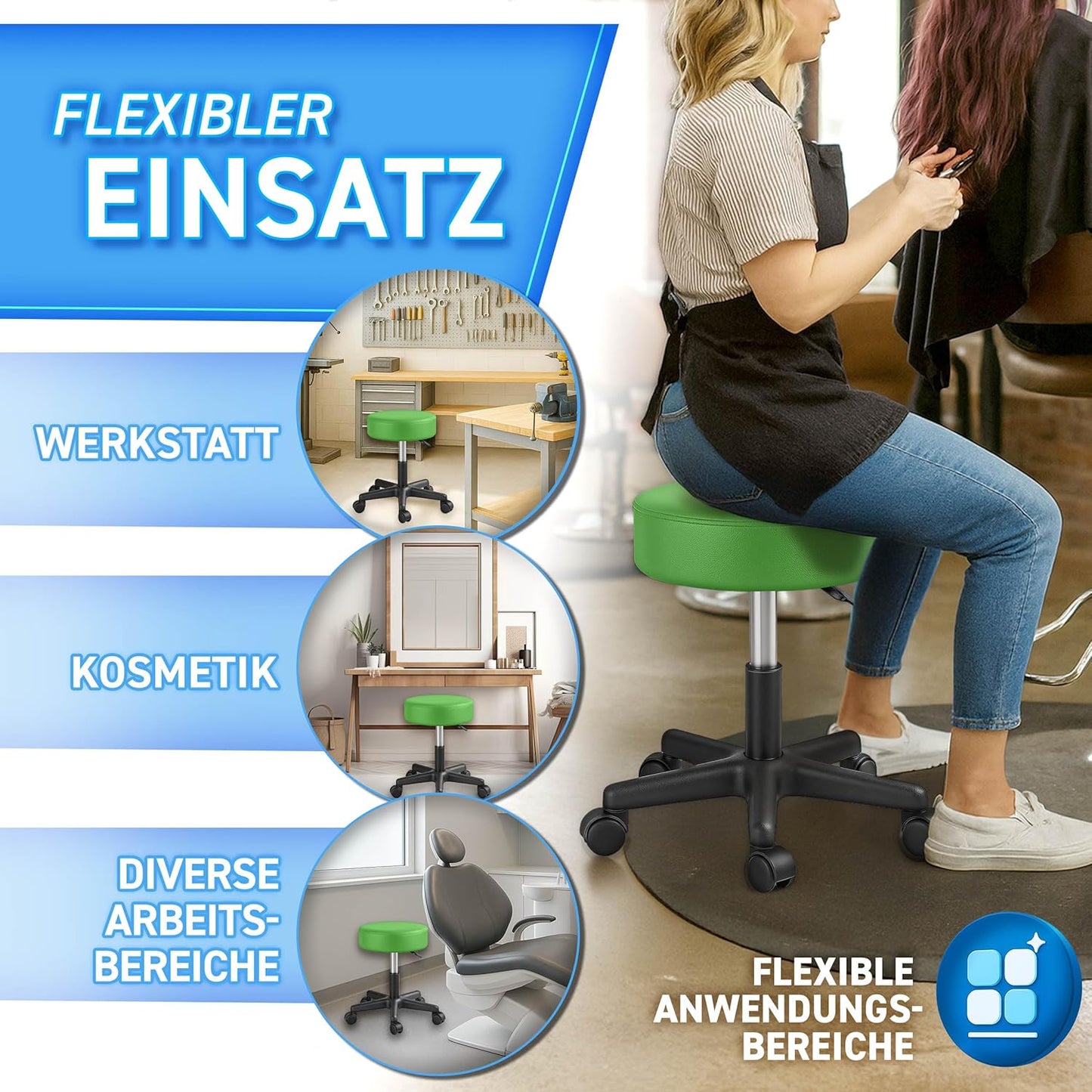 Höhenverstellbarer Rollhocker, Grün