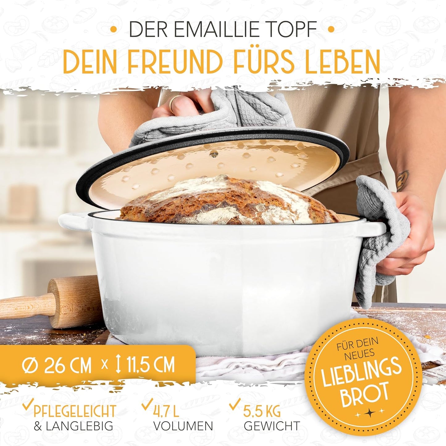 Brotbacktopf mit Gärkorb, Weiss Topf