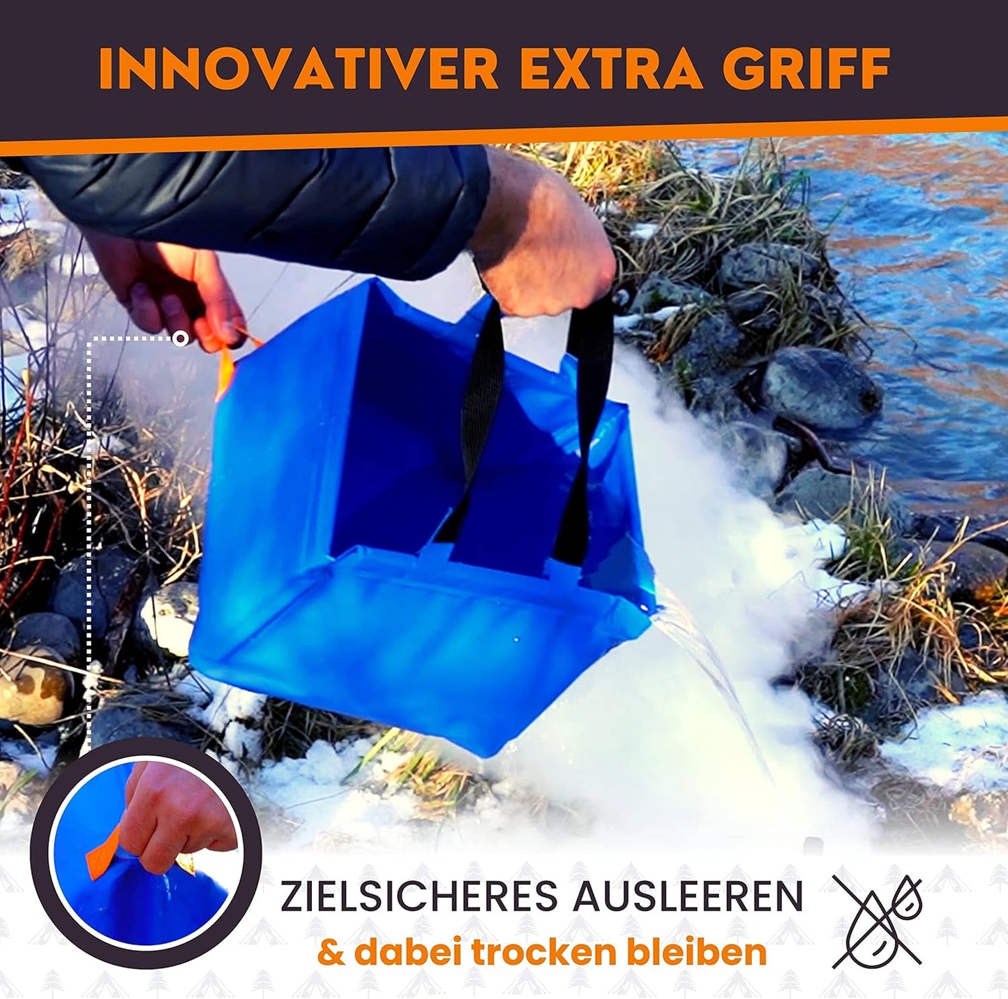 Faltbare Camping-Spülwanne mit Griff, Royalblau / Orange - 22 Liter