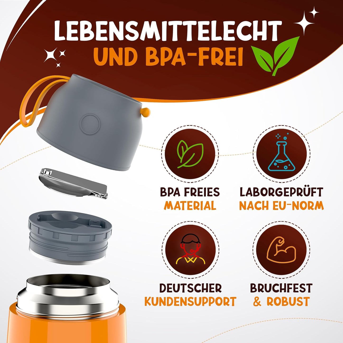 Thermobehälter für Essen Kinder 500ml, Edelstahl, Orange