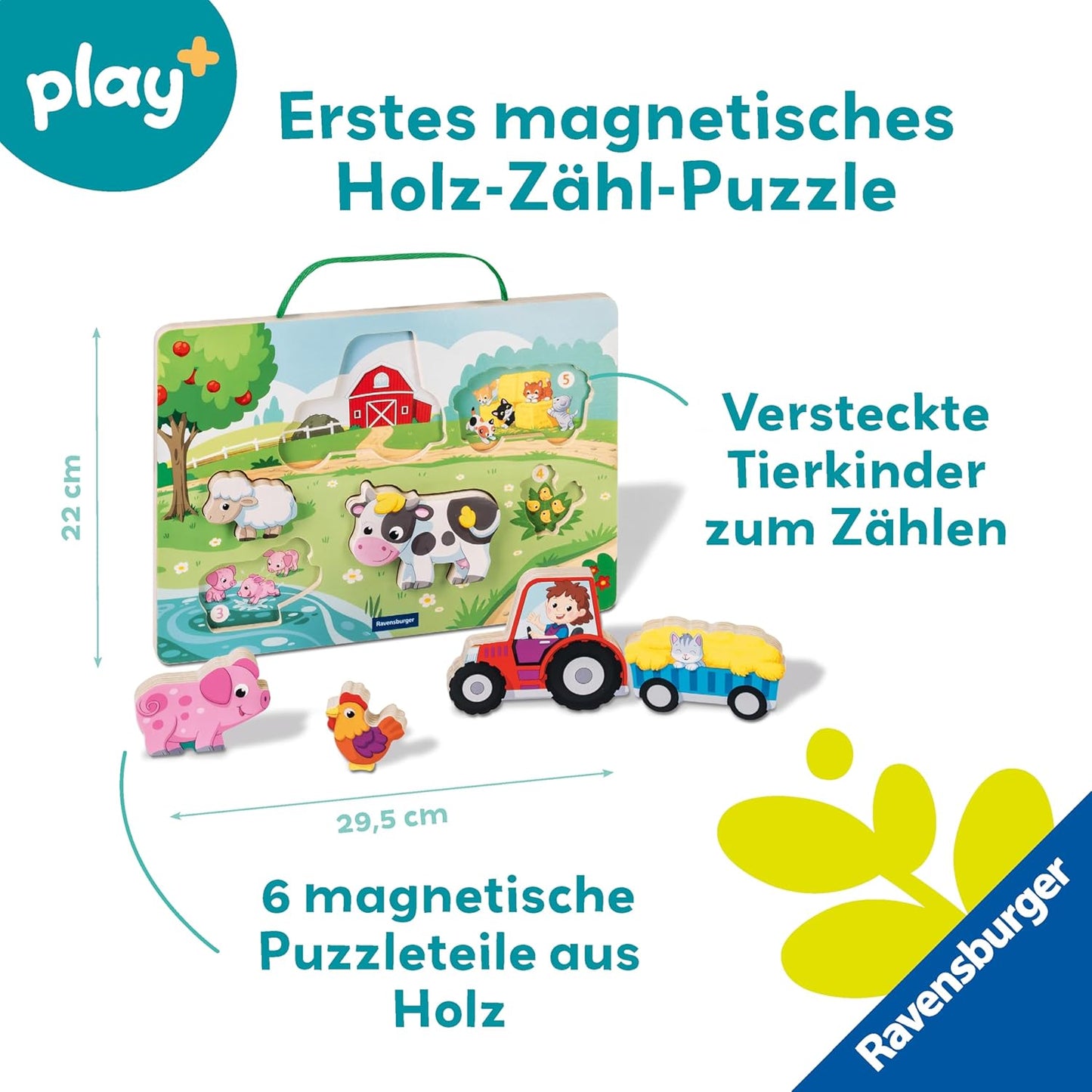 Play+ Magnetisches Holz-Zähl-Puzzle: Bauernhof, Bauernhof
