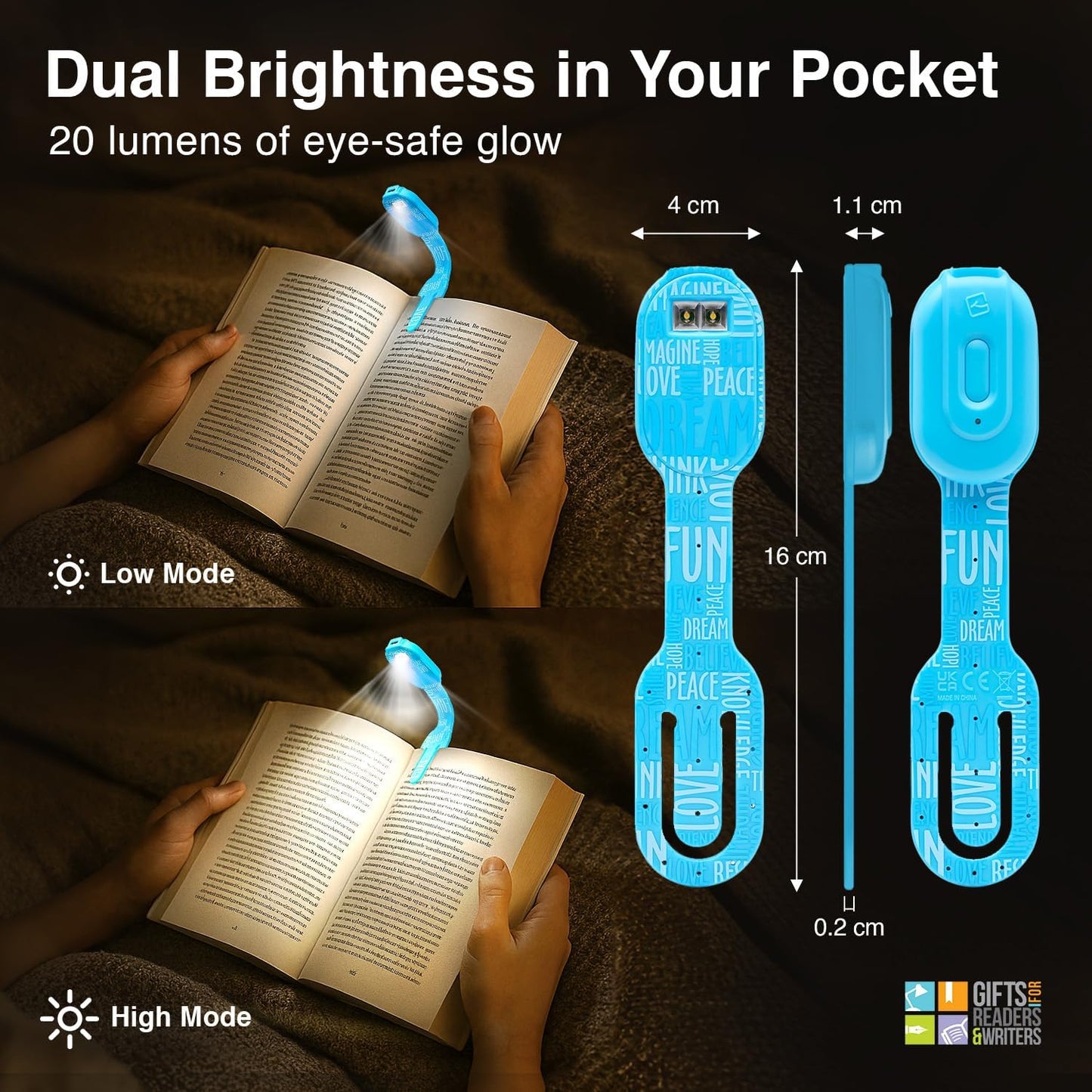Flexilight 2-in-1 Clip On Leselampe & Lesezeichen, wiederaufladbar, Blaue Wörter