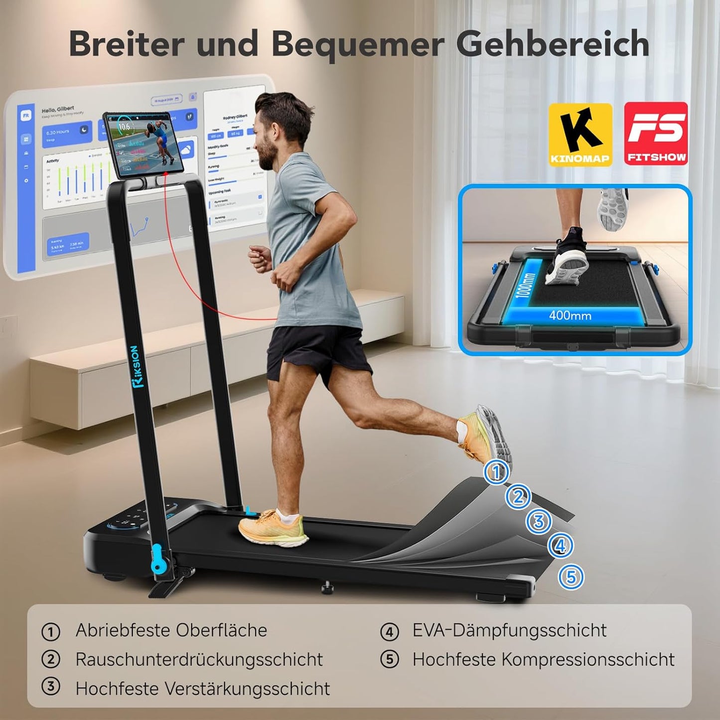 Klappbares Laufband mit Neigung und App-Steuerung, blau