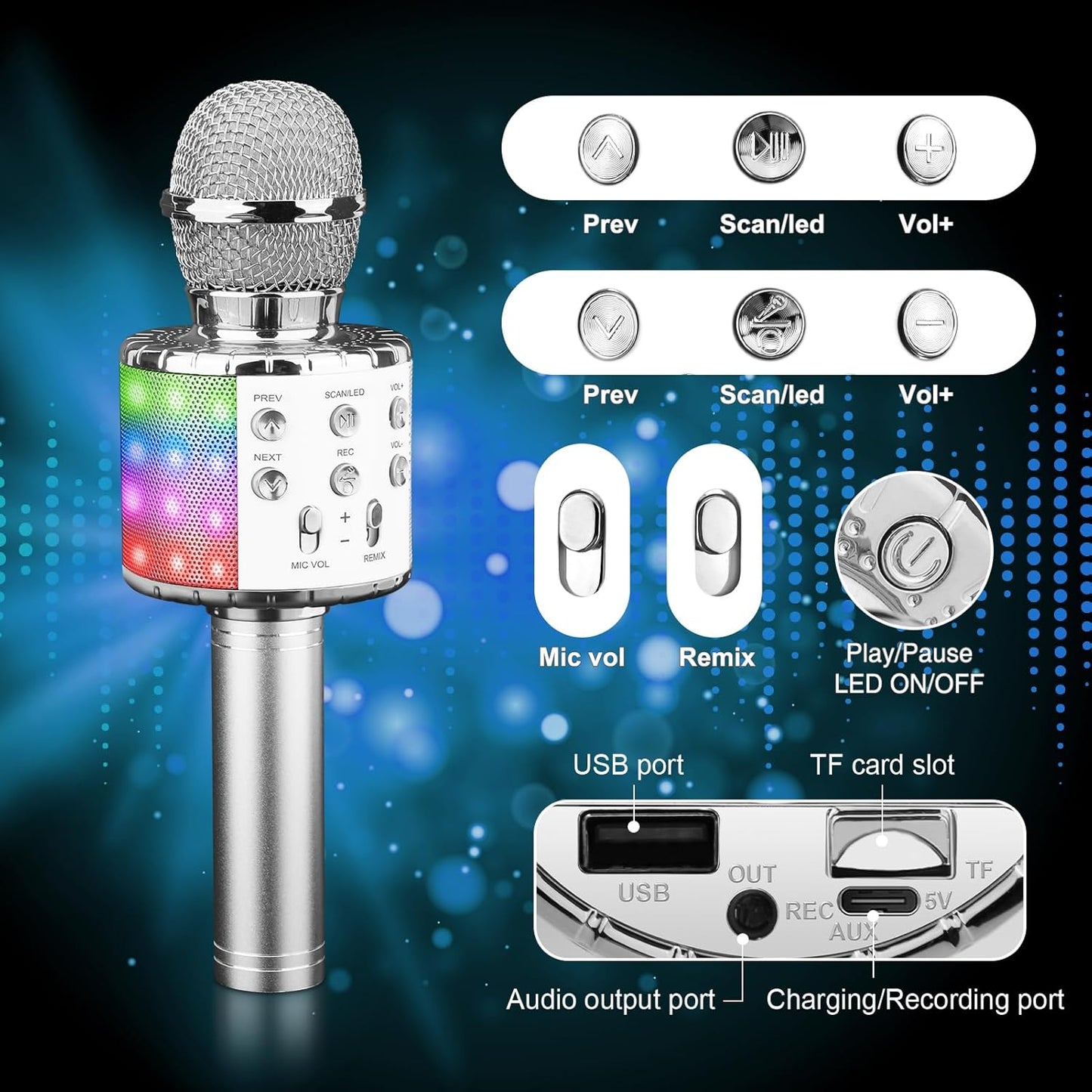 4-in-1 Kinder-Karaoke Mikrofon, silver