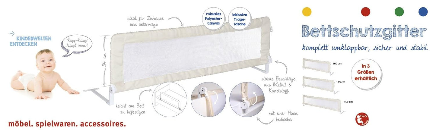Klappbares Bettschutzgitter Klipp-Klapp, Beige, 135x40 cm