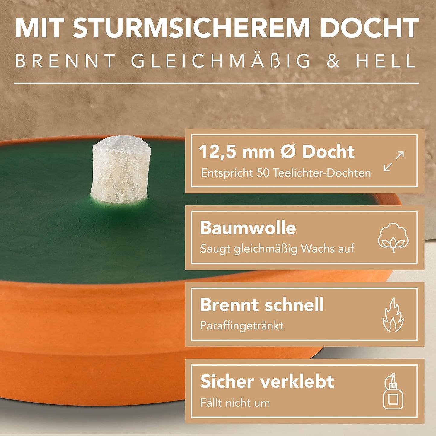 Flammschalen mit Gartenkerzen, 2x Terrakotta