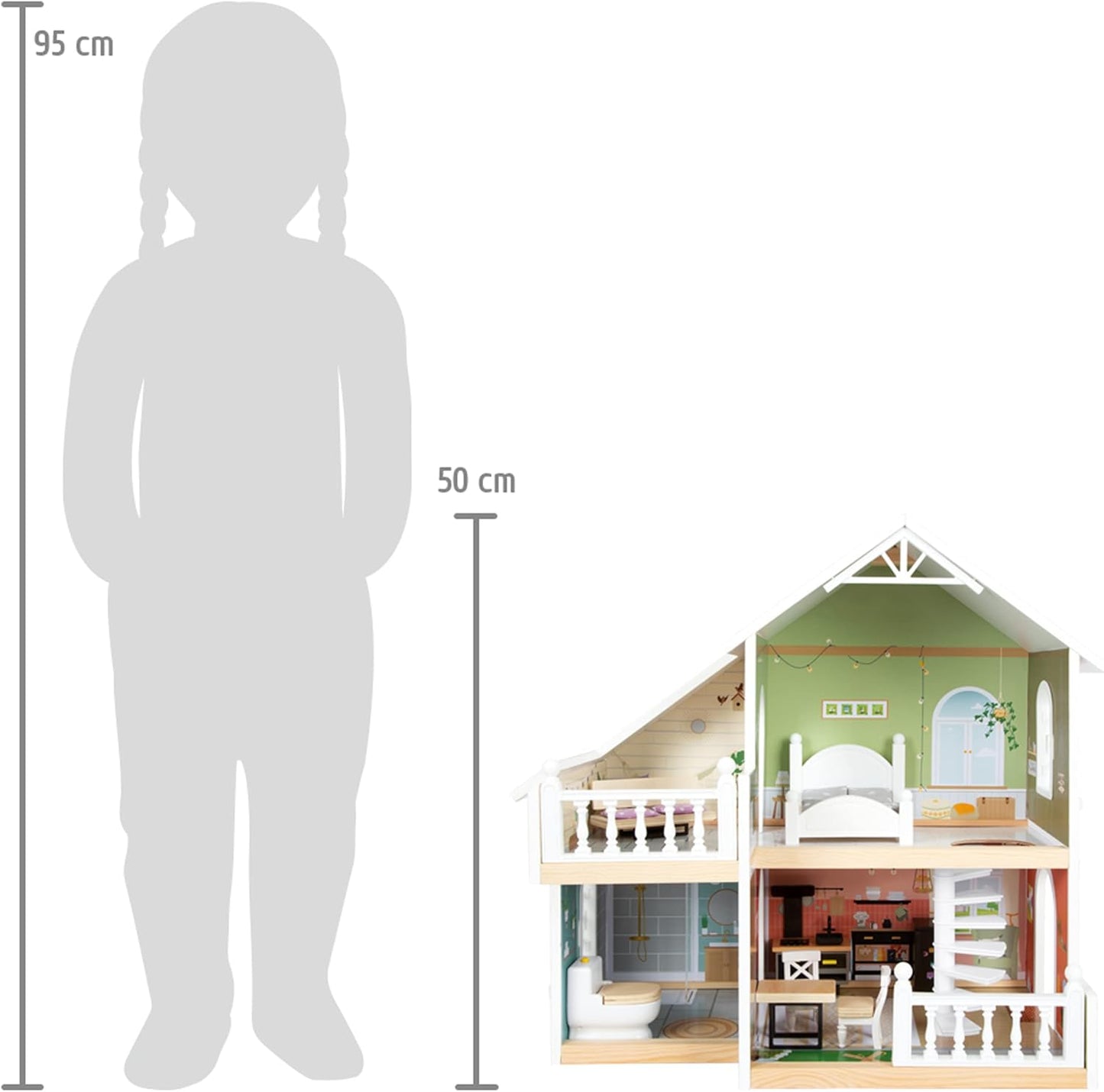 Holzpuppenhaus mit Dachterrasse und Zubehör, Puppenhaus mit Dachterasse