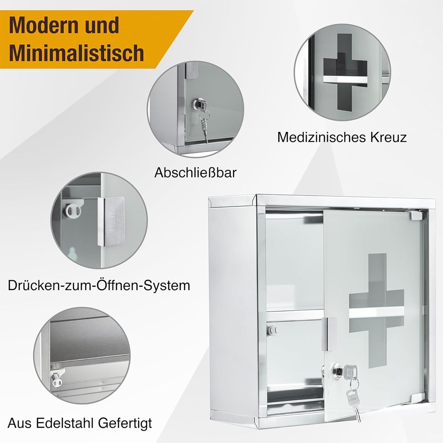 Abschliessbarer Medizinschrank mit 2 Fächern, Silber - 2 Fächer