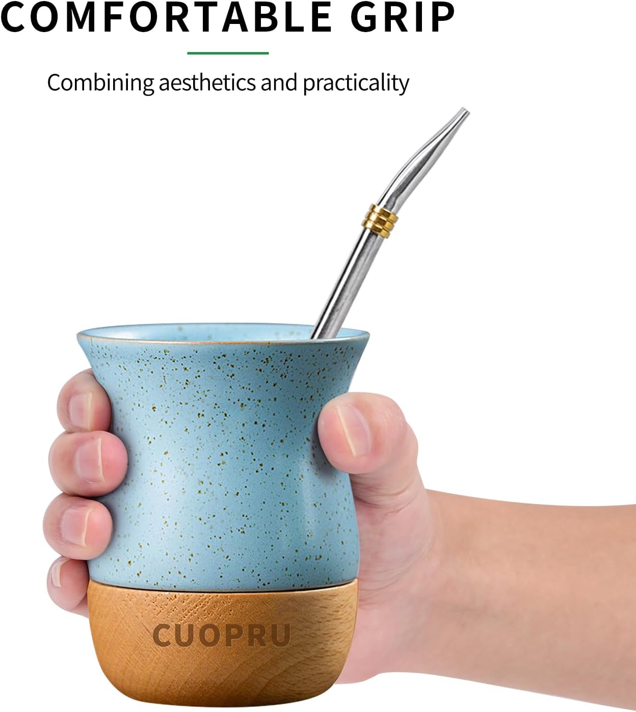 Yerba Mate Keramiktasse mit Holzsockel, Schwarz