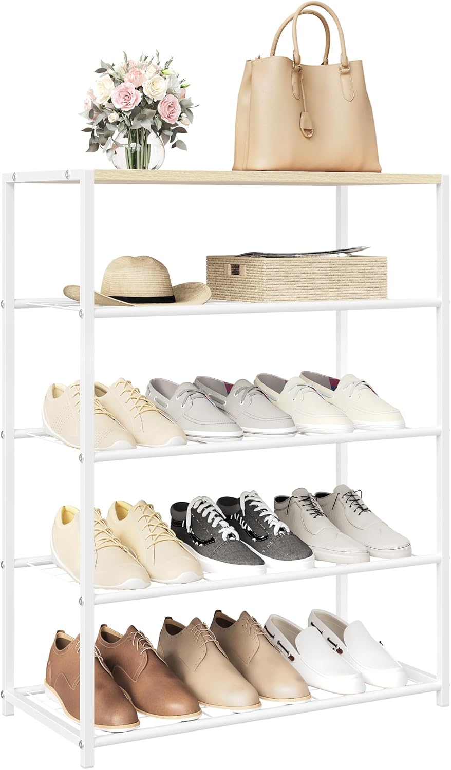 Schuhregal mit 4 Ebenen, 63 x 83 x 30 cm Helle Eiche + Weiß