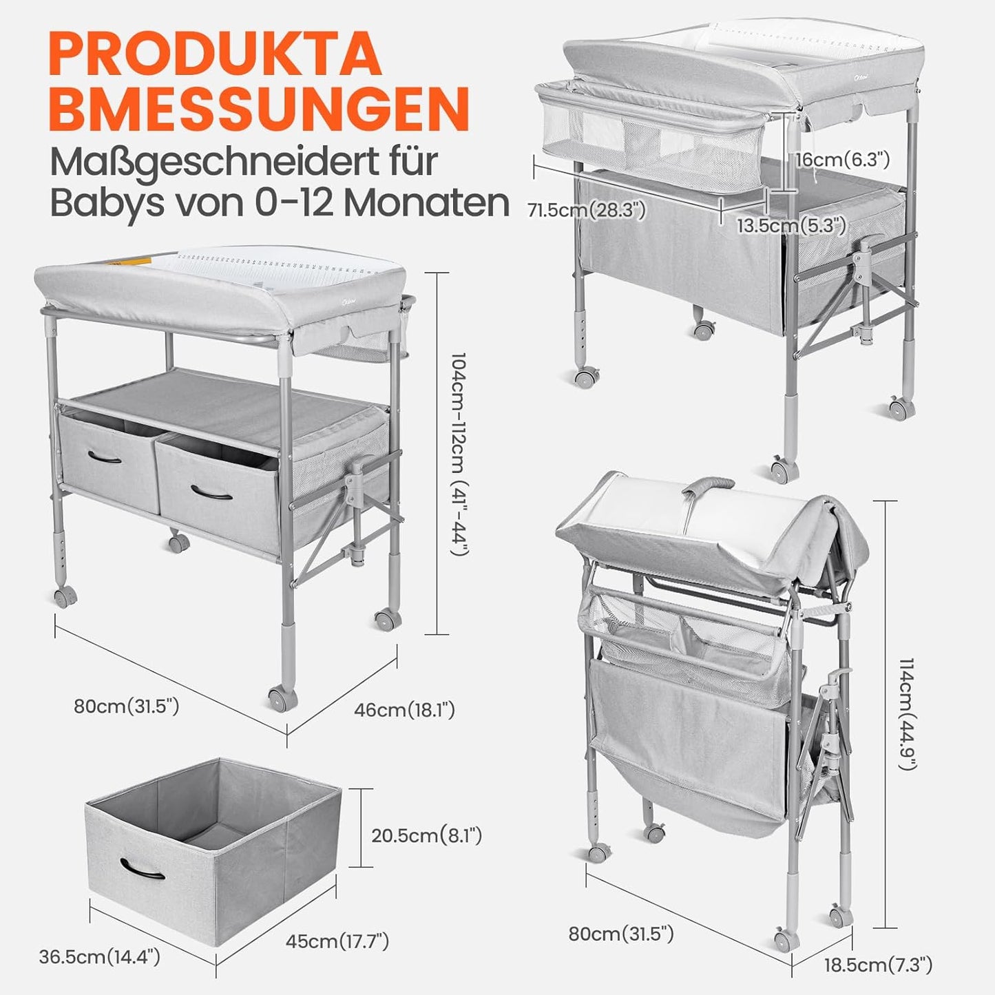 Höhenverstellbarer Baby-Wickeltisch mit Schubladen, Grau mit Schubladen