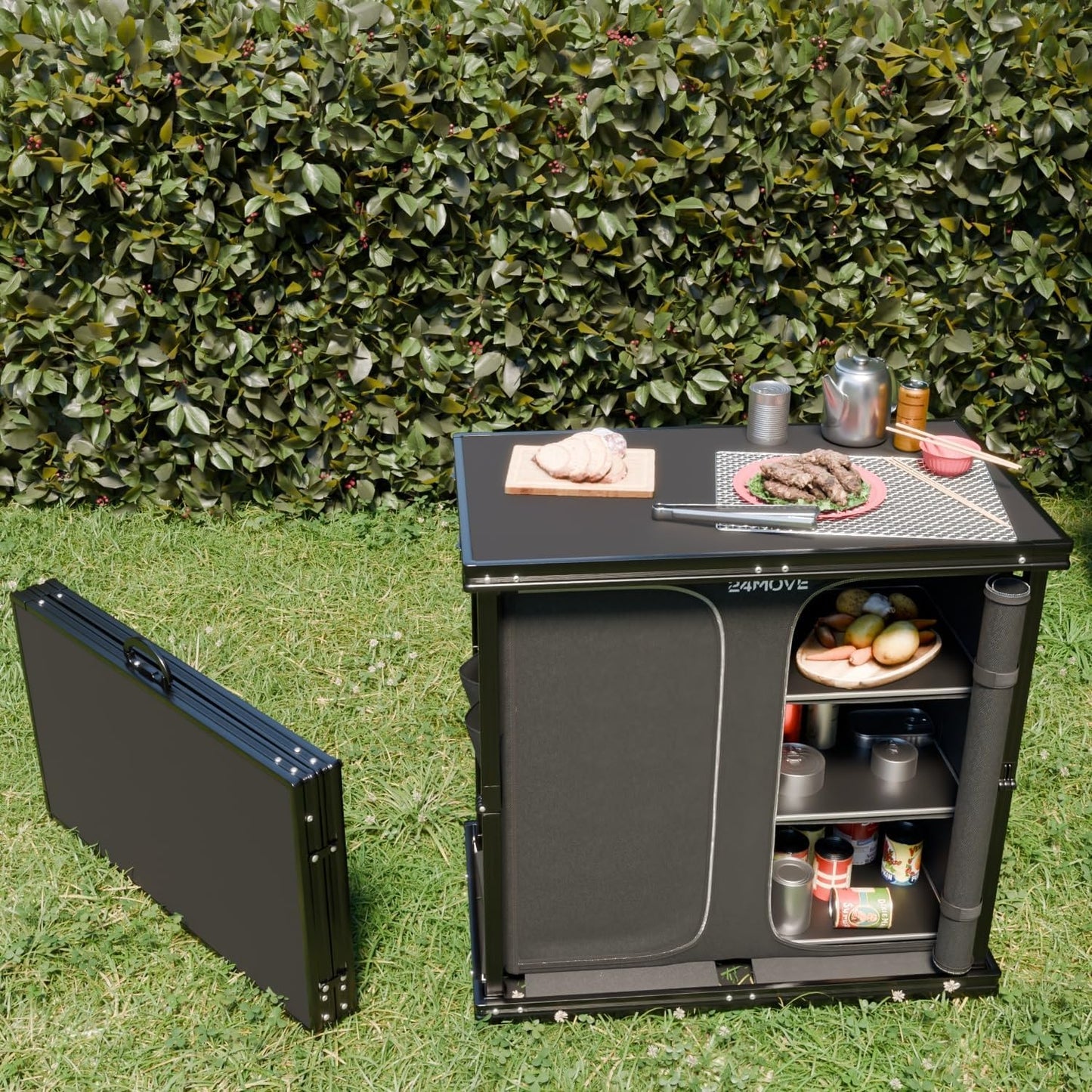 Faltbare Campingküche mit höhenverstellbarem Schrank, 84x50x80 Aversa Schwarz
