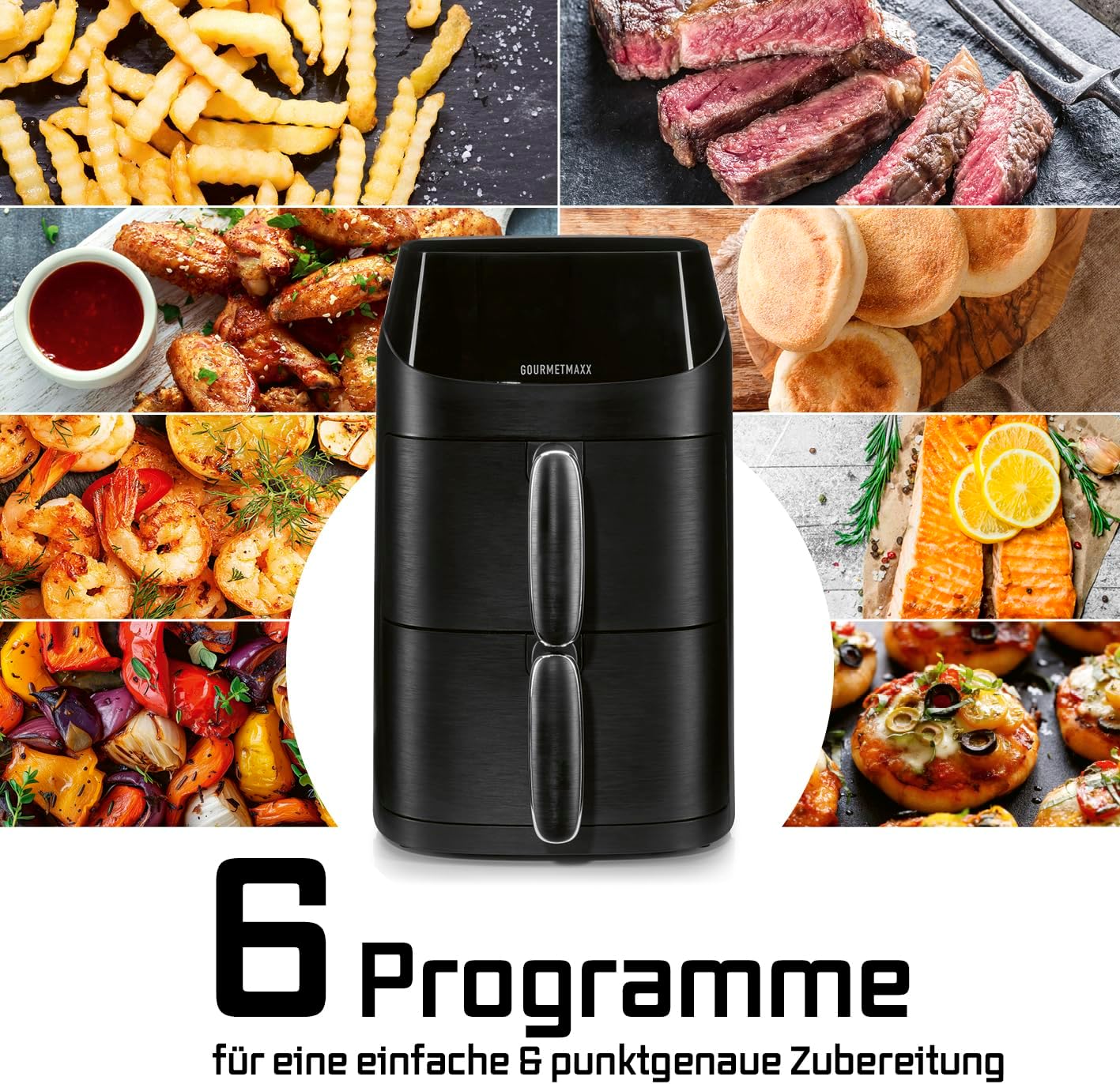 FryUp Vertikale Doppelkammer Heissluftfritteuse mit MultiColour-LED-Touchdisplay, Schwarz 5 Liter (2x 2,5L)