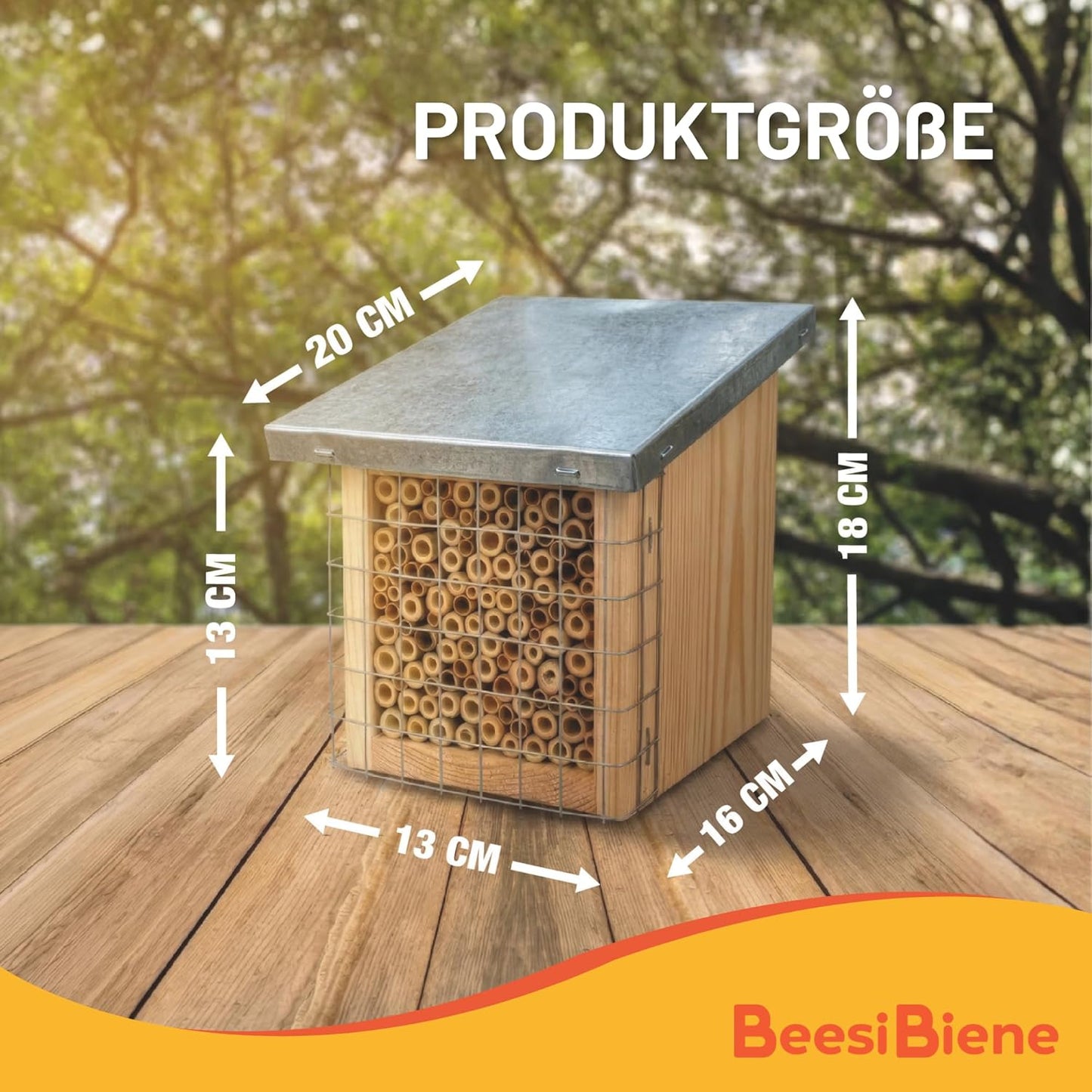 Bienenhotel mit Metalldach & Schutzgitter, Bambus & Schilf + Metalldach