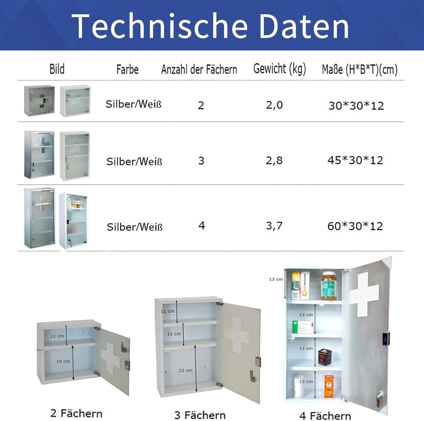 Abschliessbarer Arzneischrank mit Glastür, Weiß,4 Fächer