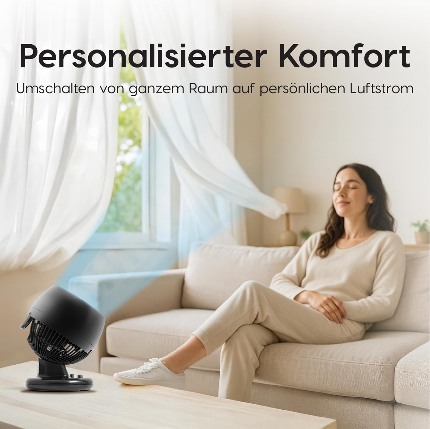Woozoo PCF-M18 - Leiser Tischventilator mit Oszillation und Neigung, Schwarz Oszillierend/Globus
