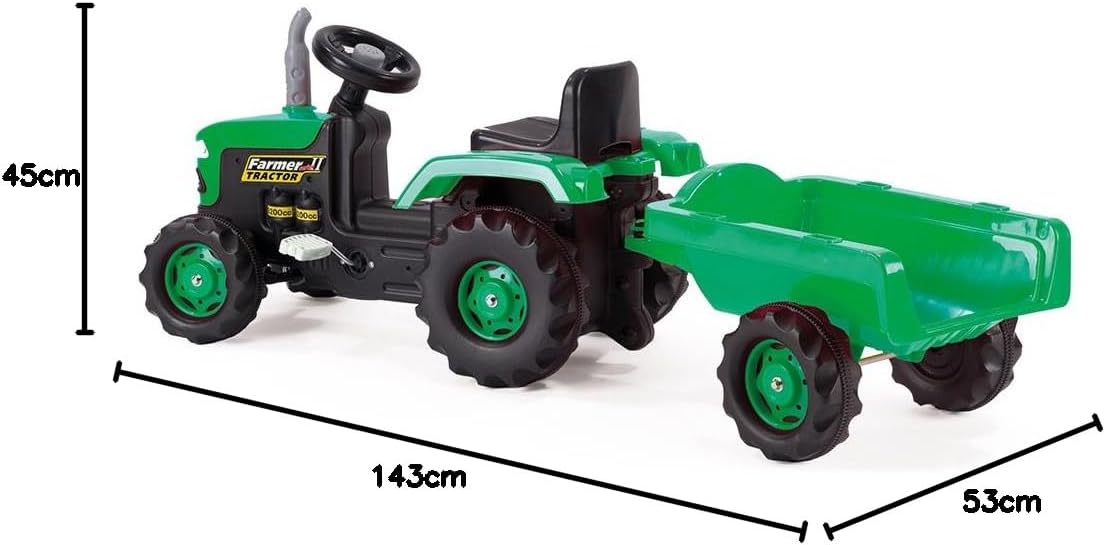 Kinder-Pedaltraktor mit Anhänger und Hupe, Grüner Trettraktor mit Anhänger
