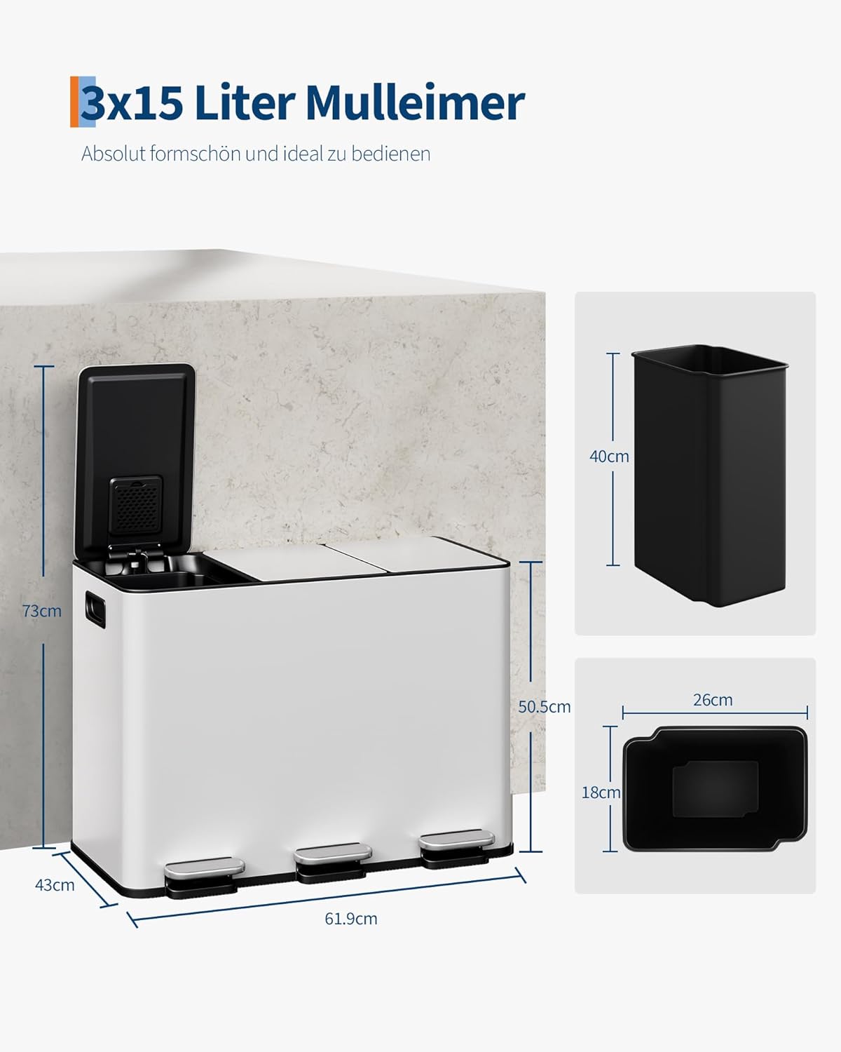 Mülltrennsystem mit 3 Fächern, Weiss 45L