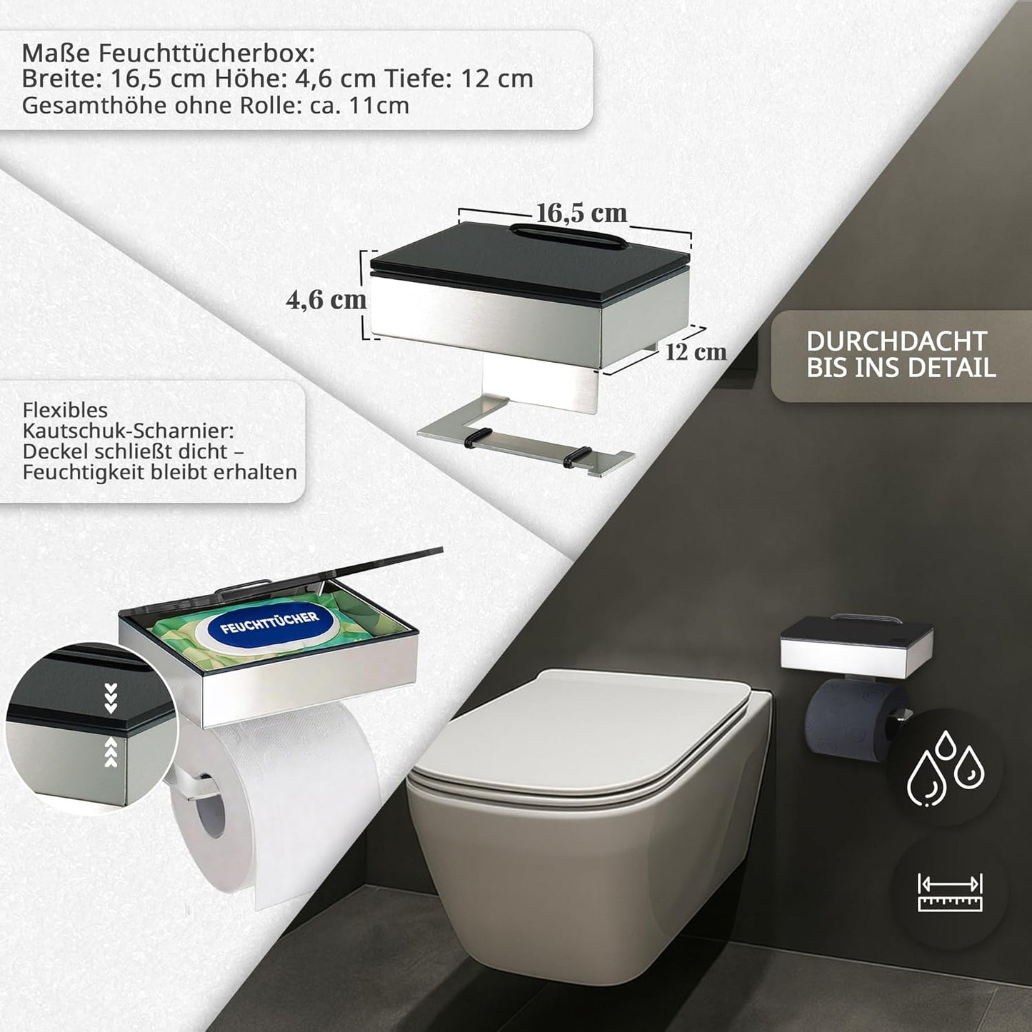 Toilettenpapierhalter mit Feuchttücherbox, Gehäuse Matt Glas Schwarz Befüllbar Von Rechts
