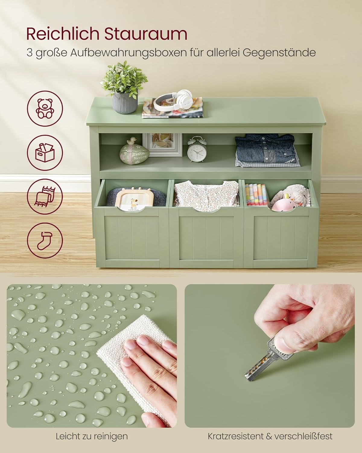 Kinderregal mit 3 Aufbewahrungsboxen auf Rollen, LHS380CE01, Lorbeergrün, 3 drawers