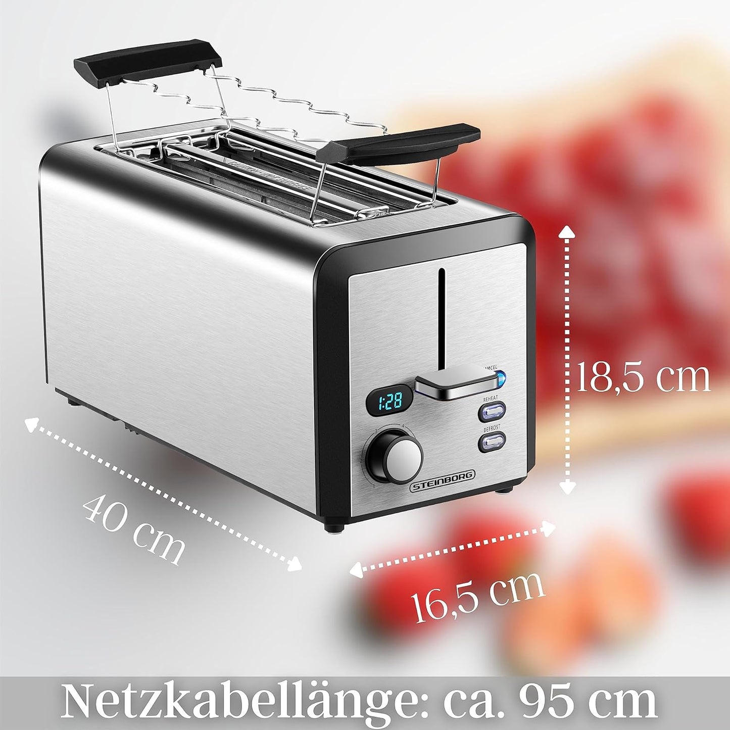 Langschlitz-Toaster für 4 Scheiben mit LED-Display