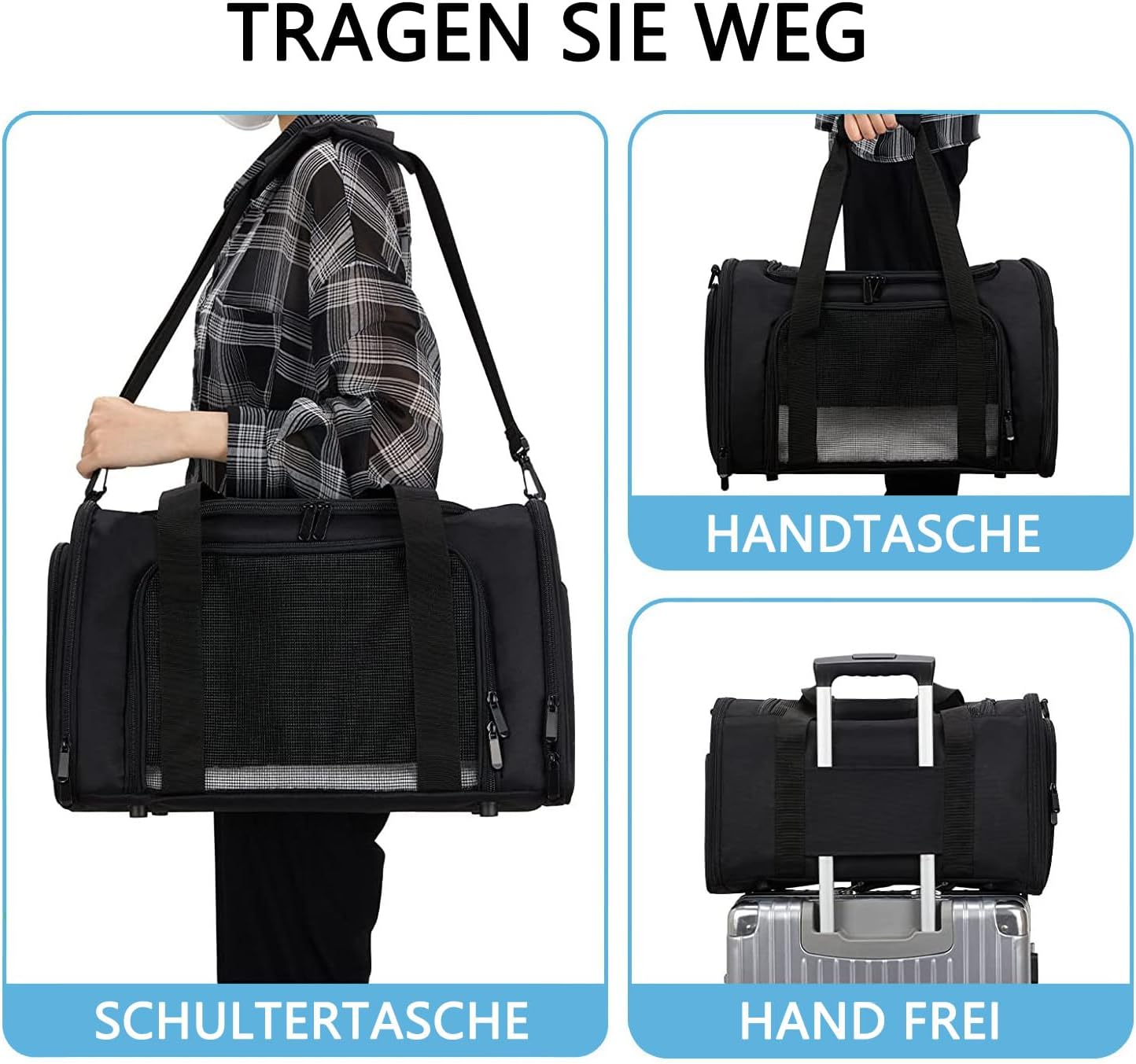 Faltbare Tiertransporttasche, 50 x 34 x 34cm, Schwarz