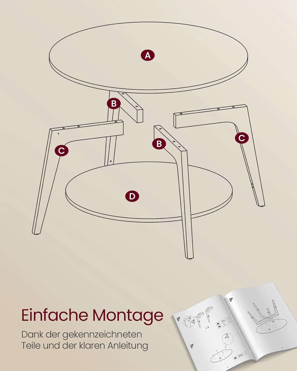 Runder Couchtisch mit 2 Ebenen, 80 cm Durchmesser, Honigbraun