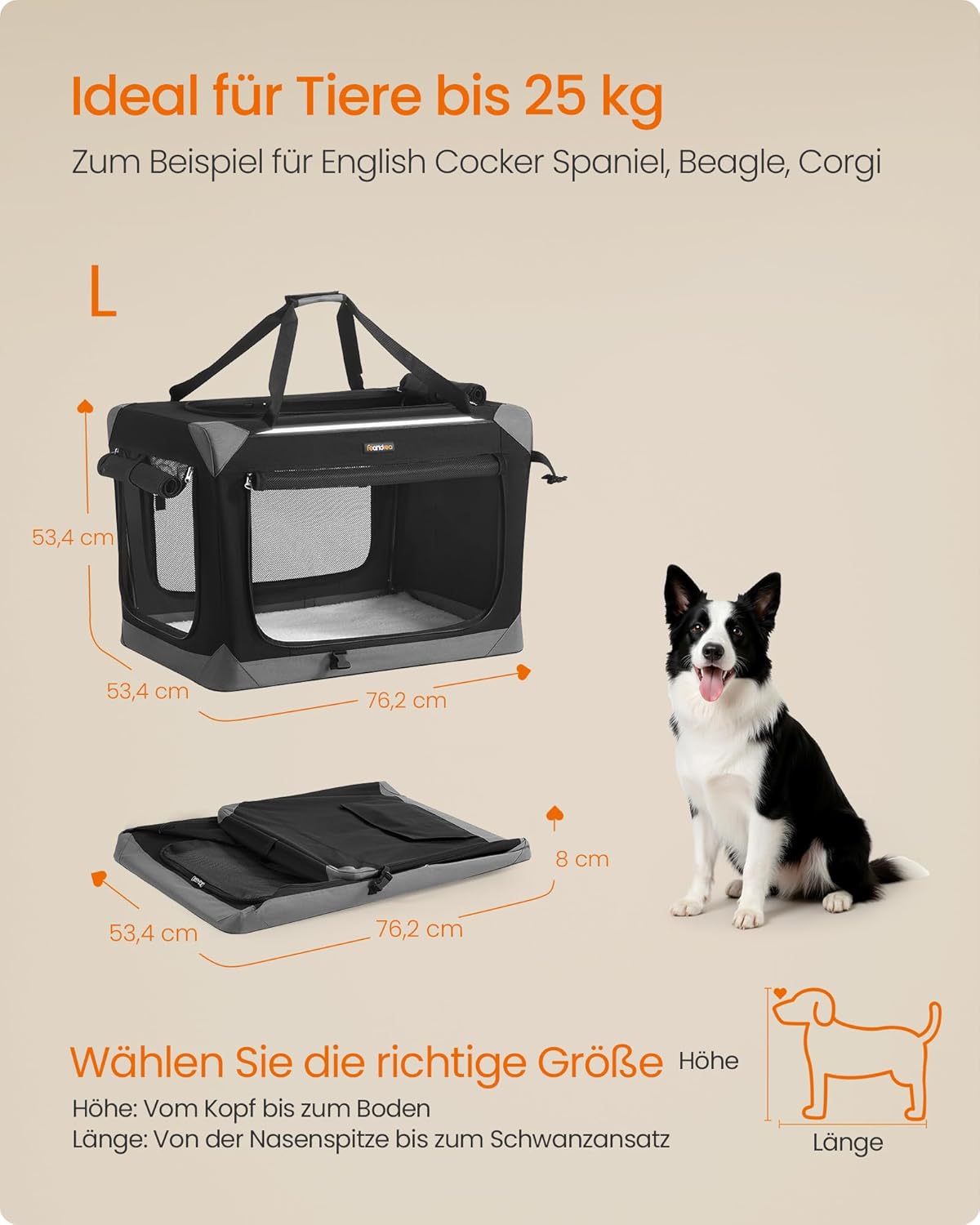 Faltbare Hundetransportbox mit vier Türen, L 76 x B 53 x H 53 cm