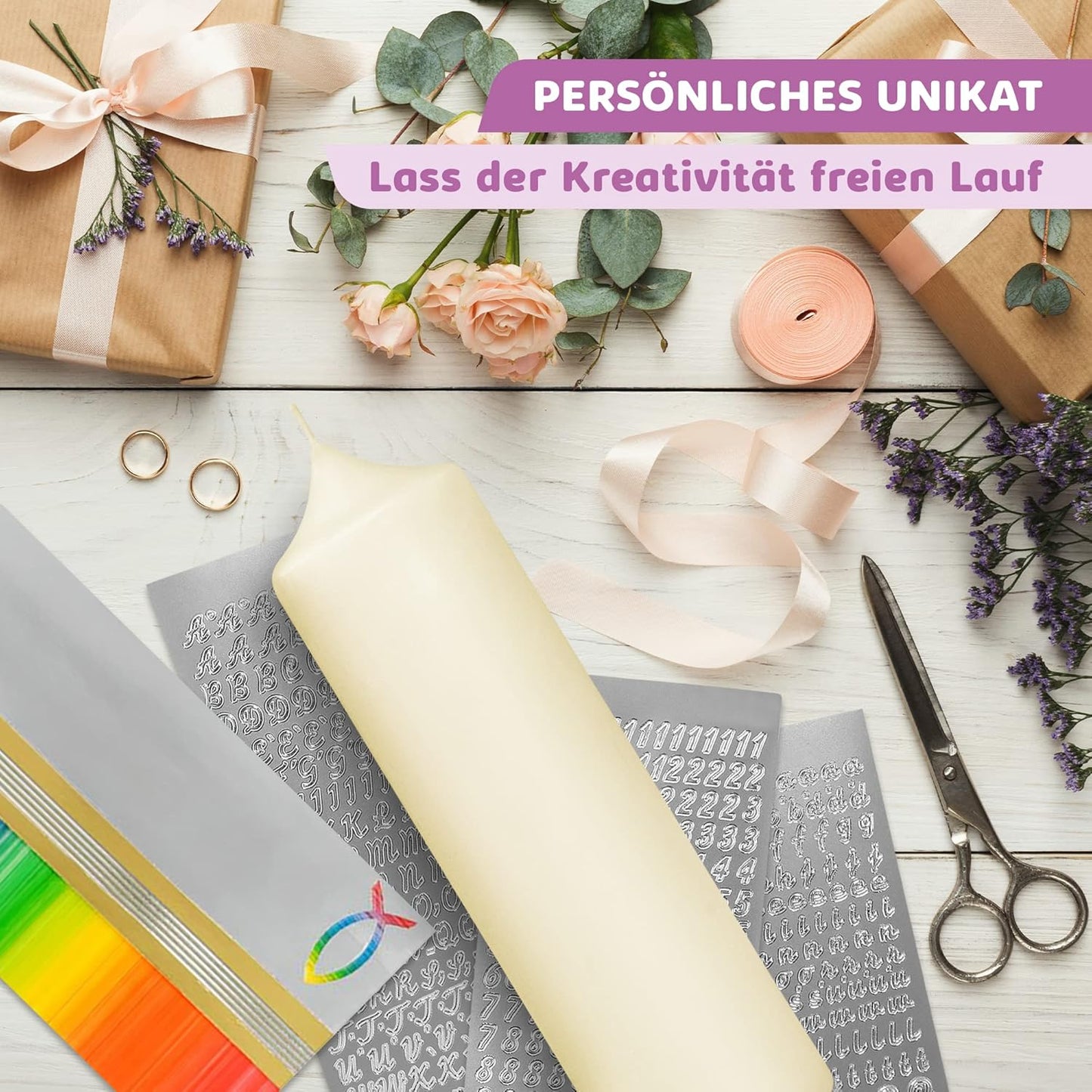 Taufkerze Bastelset mit Buchstaben und Wachsmotiven, Regenbogen Gold | Silber mit Fisch Kerze 25x7 cm | Creme