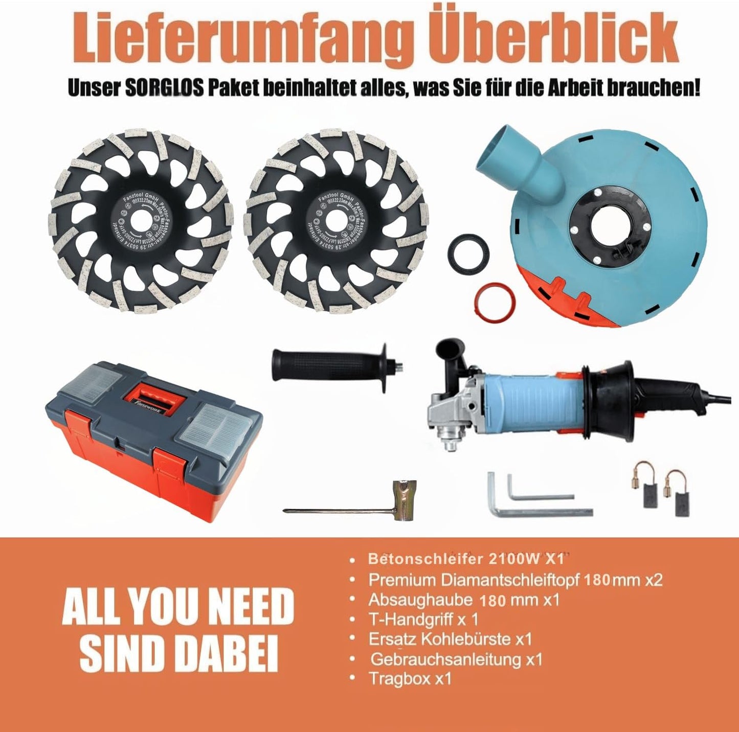 10D-HG0026 Betonschleifer Set mit Diamantschleiftopf und Absaughaube, T-Model/180mm+