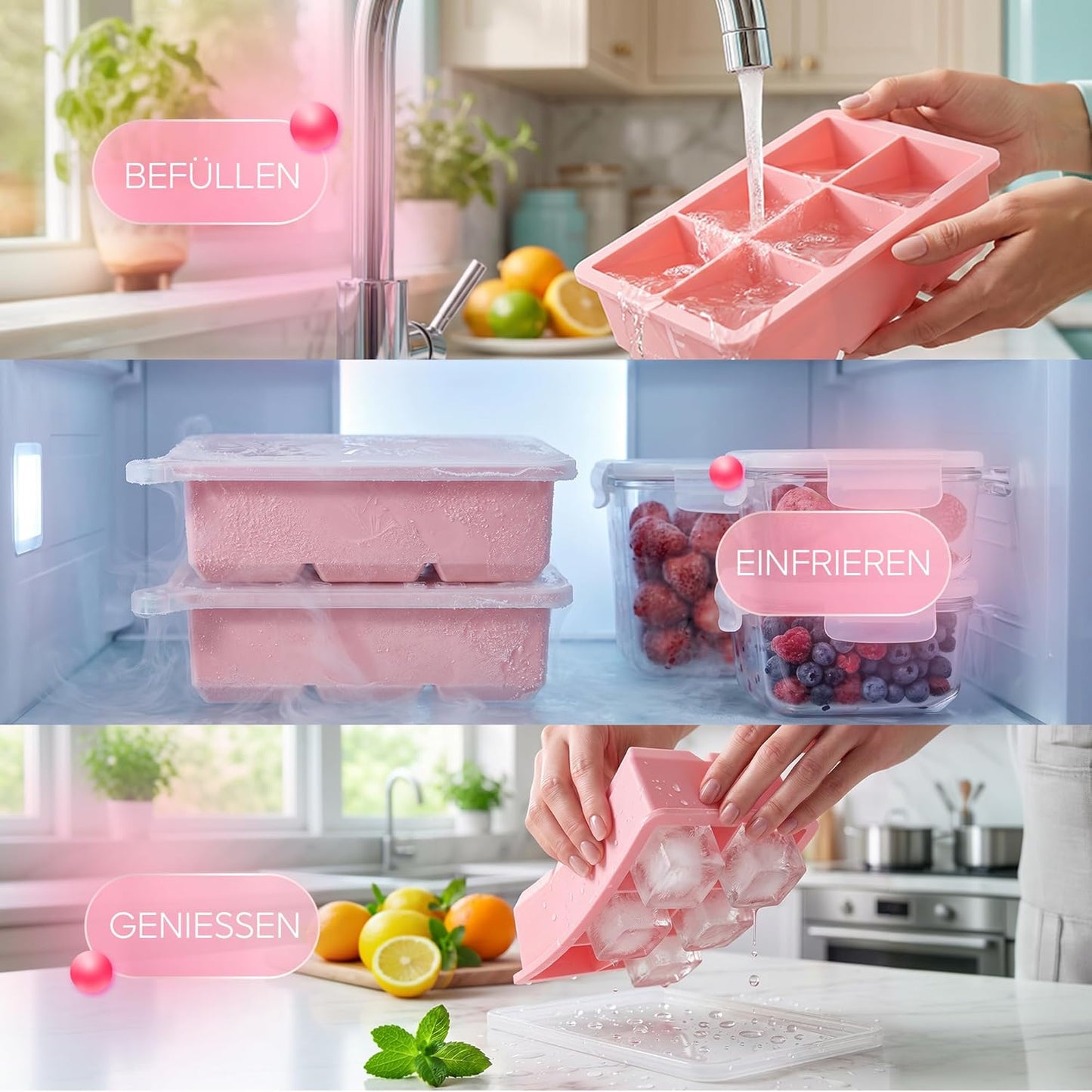 Eiswürfelform mit Deckel, 2er-Set, Rosa 02x Würfel
