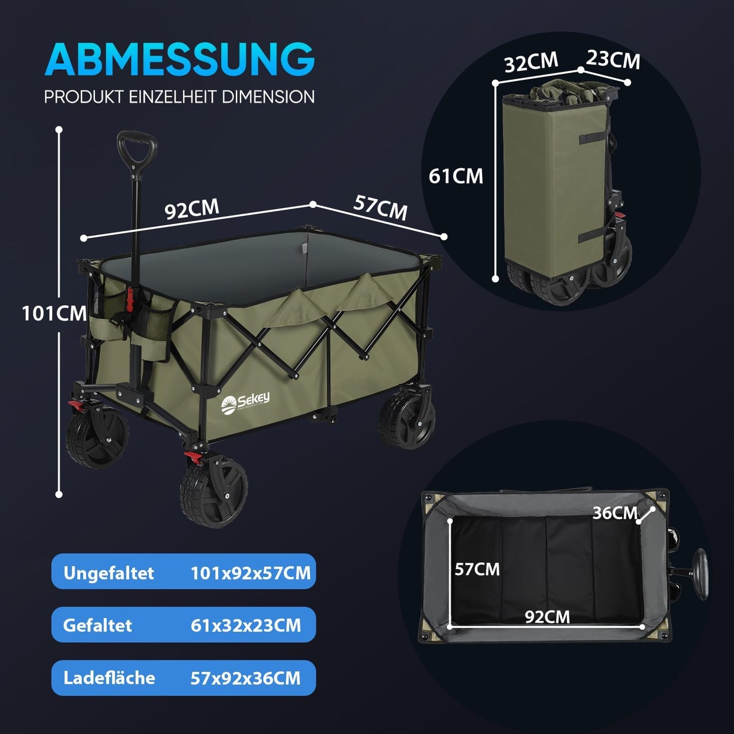XXL Plus Bollerwagen mit Bremsen, Olivgrün 8cm Räder