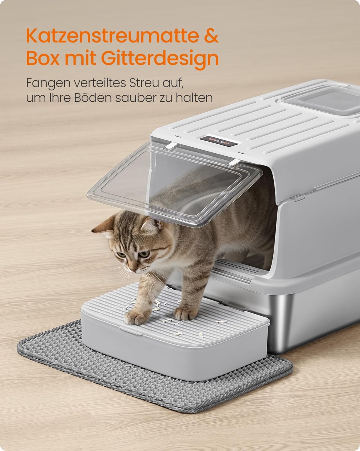 Katzentoilette PPT007GD01 mit Deckel, Schaufel, Katzenstreumatte und 2 Eingängen, hellgrau