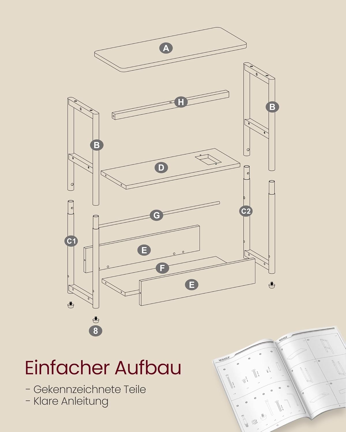 Schmaler Beistelltisch mit Ladefunktion und Ablagen, Vintagebraun + Tintenschwarz