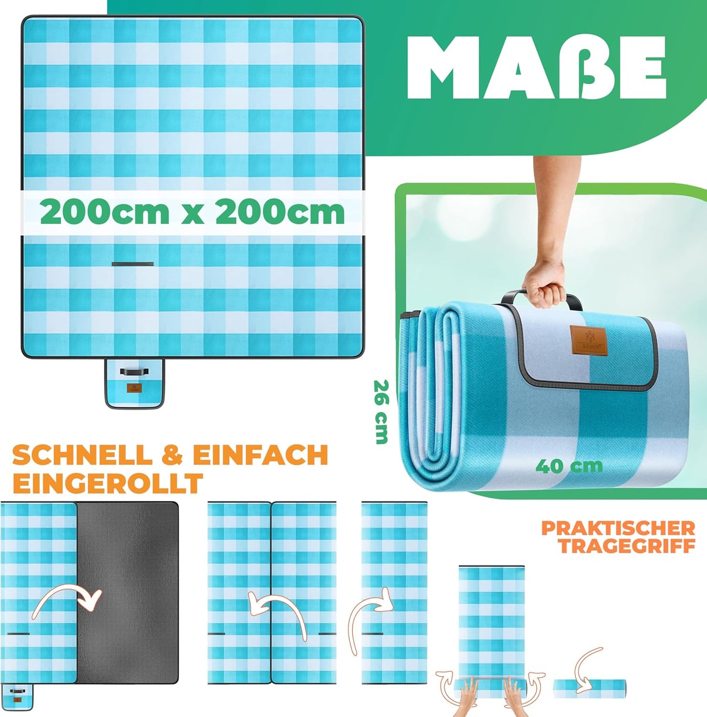 Picknickdecke, 200 x 200 cm (Quadratisch) Blau / Türkis